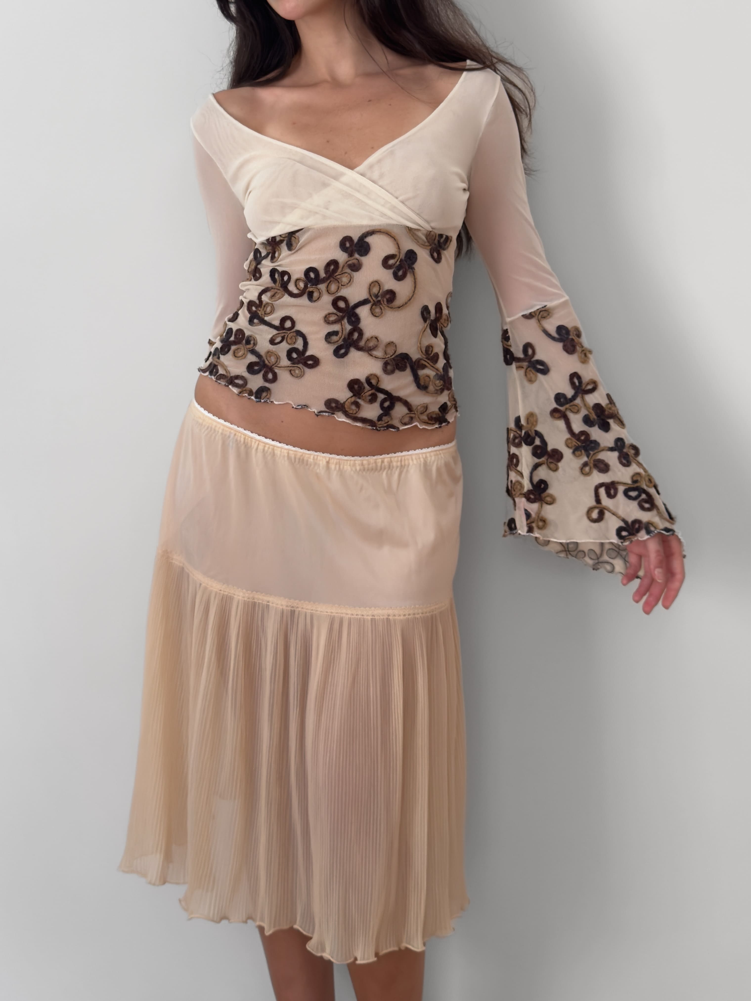 Embroidered Mesh Wrap Blouse
