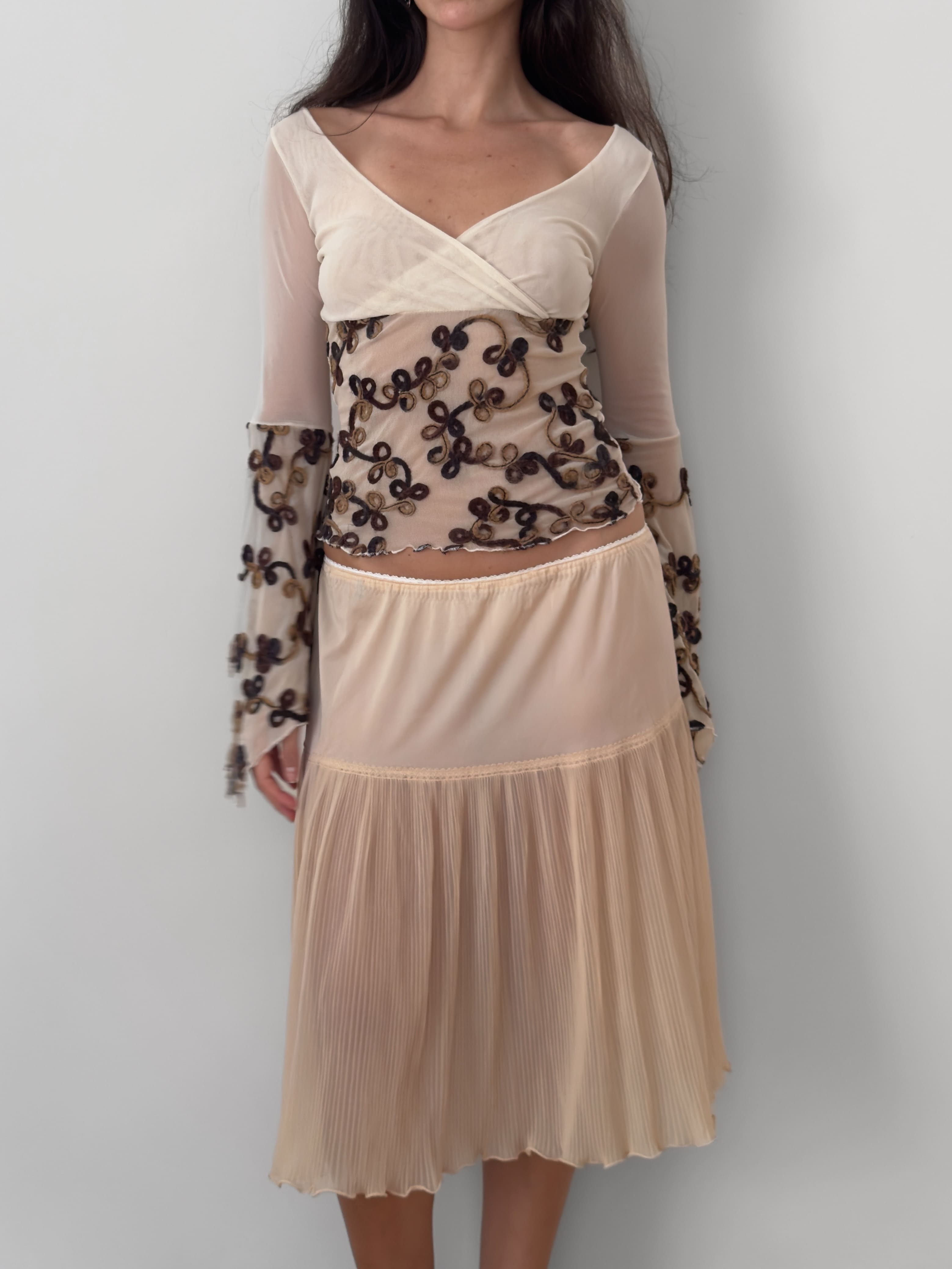 Embroidered Mesh Wrap Blouse