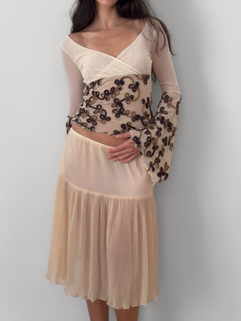 Embroidered Mesh Wrap Blouse