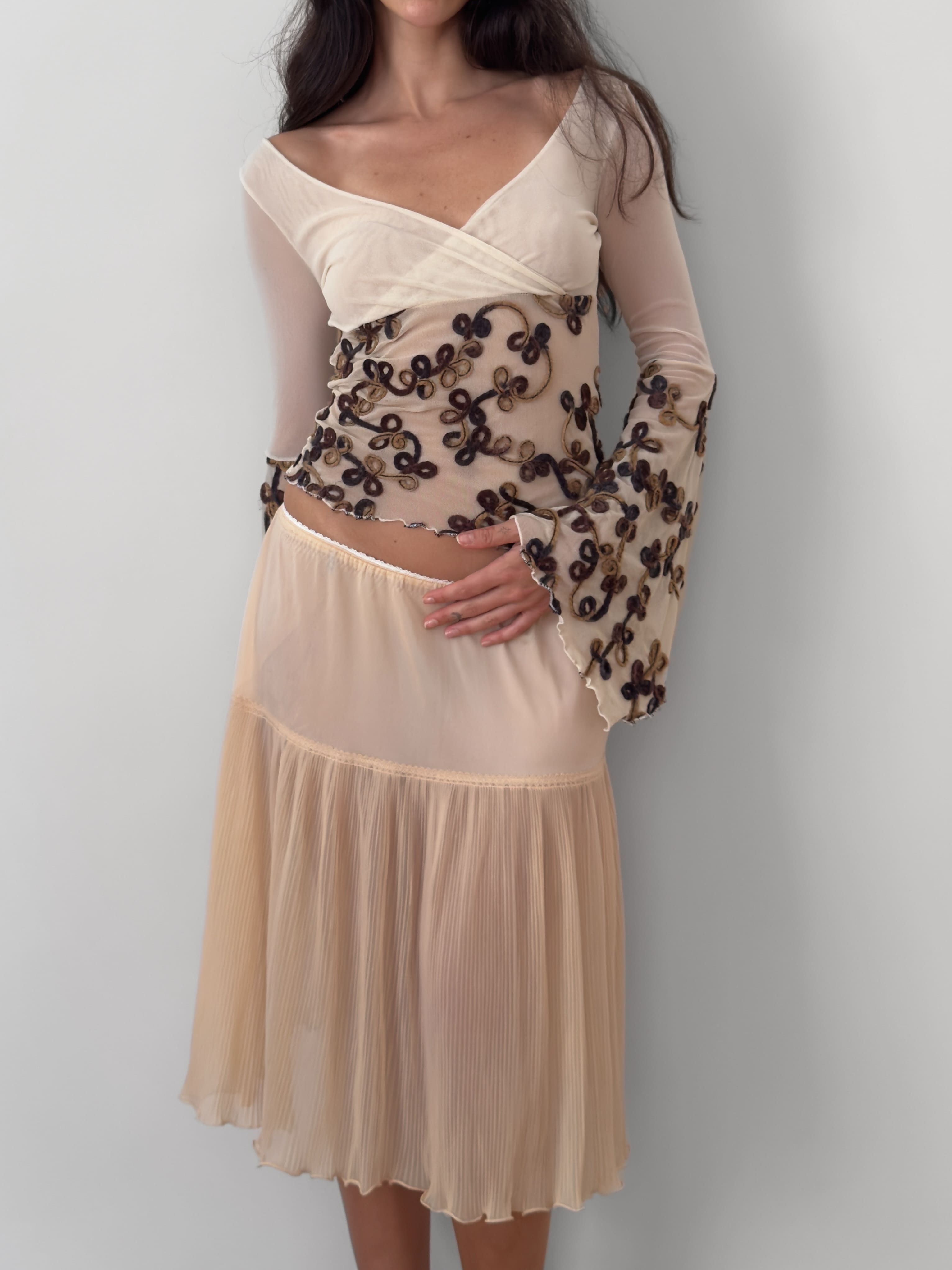 Embroidered Mesh Wrap Blouse
