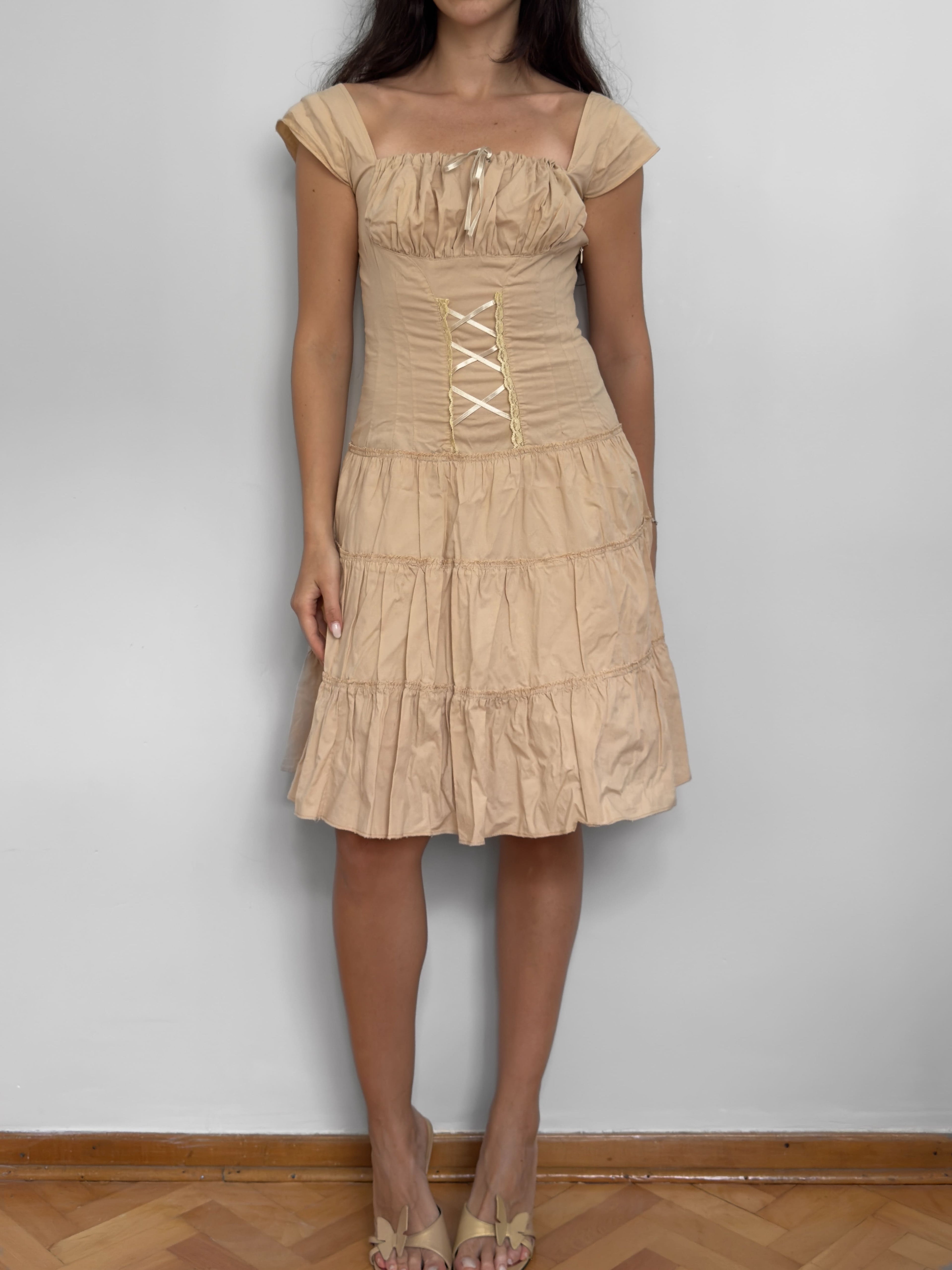Beige Lace-up Dress