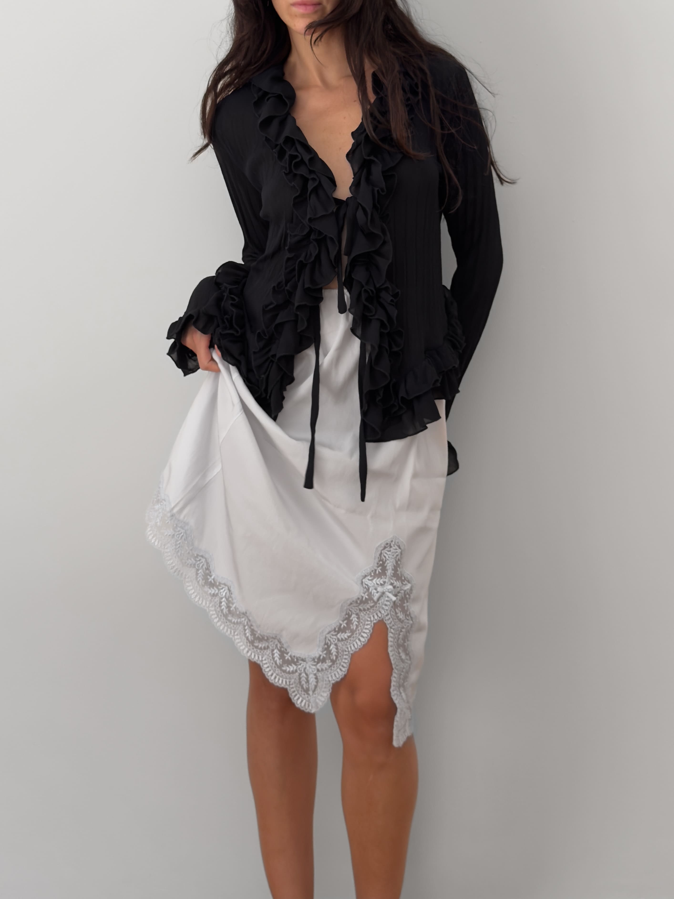 Sheer Ruffle Tie-Front Blouse