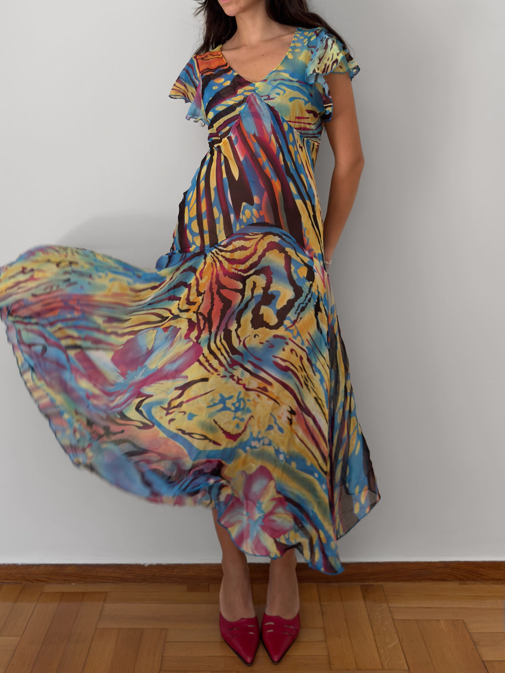 Abstract Print Sheer Midi Dress