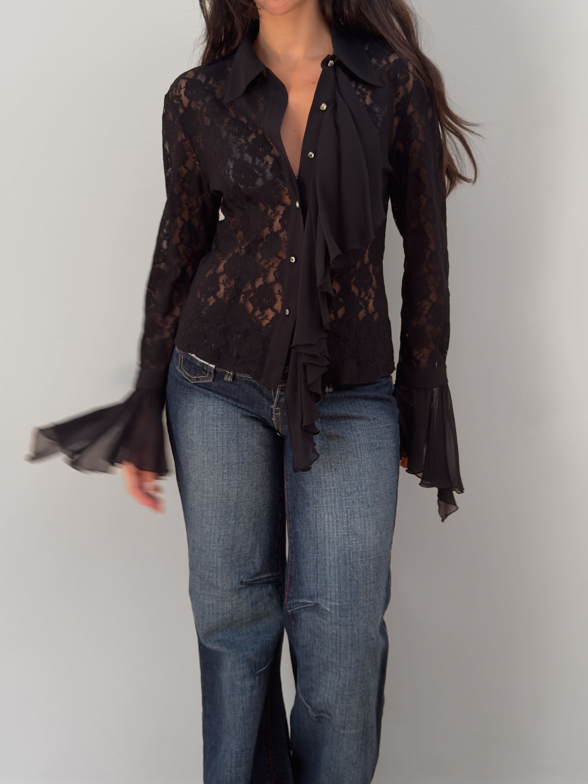 Black Lace Ruffle Blouse
