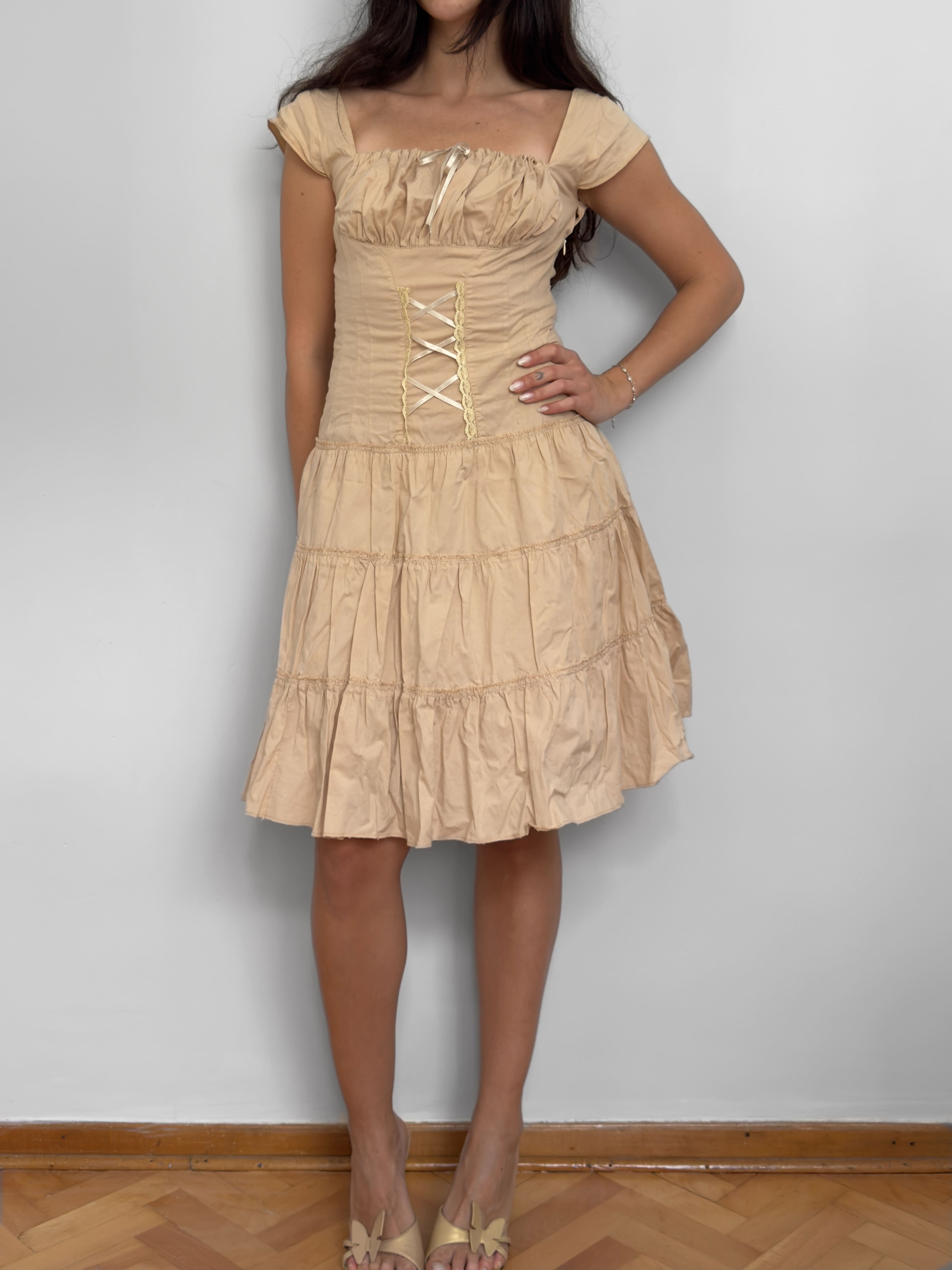 Beige Lace-up Dress