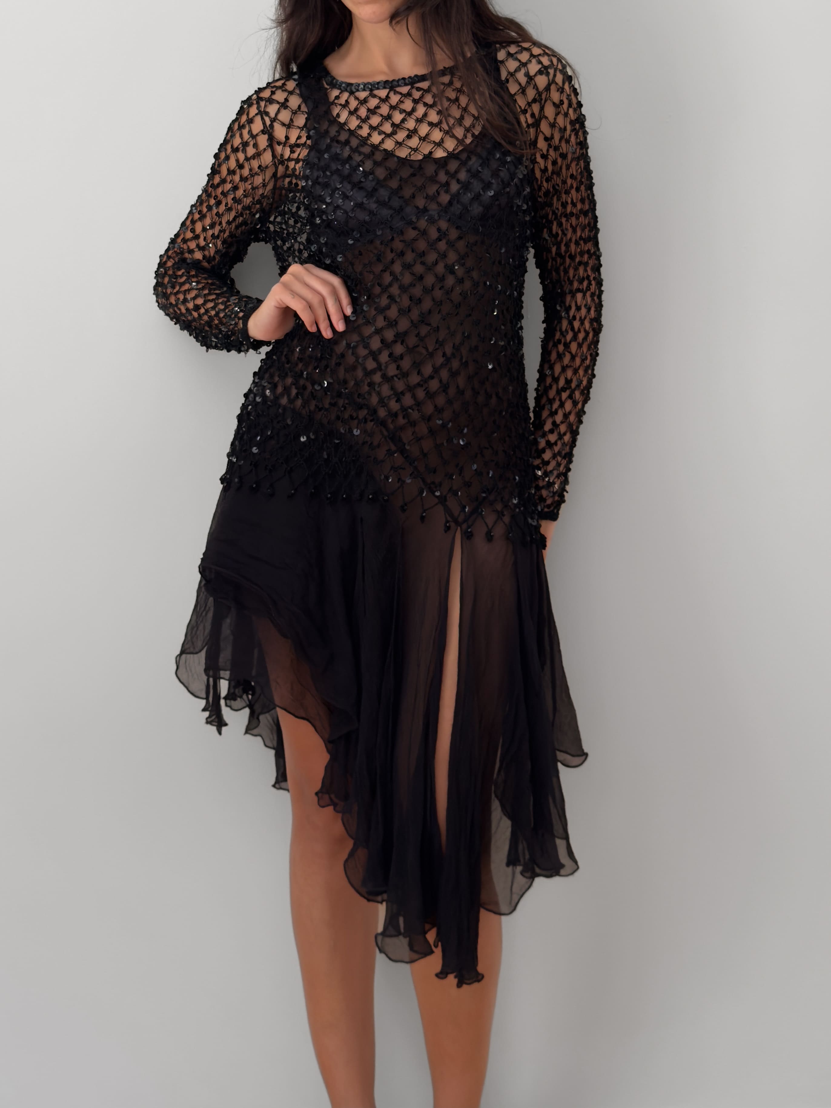 Black Open-Knit Sequin Top
