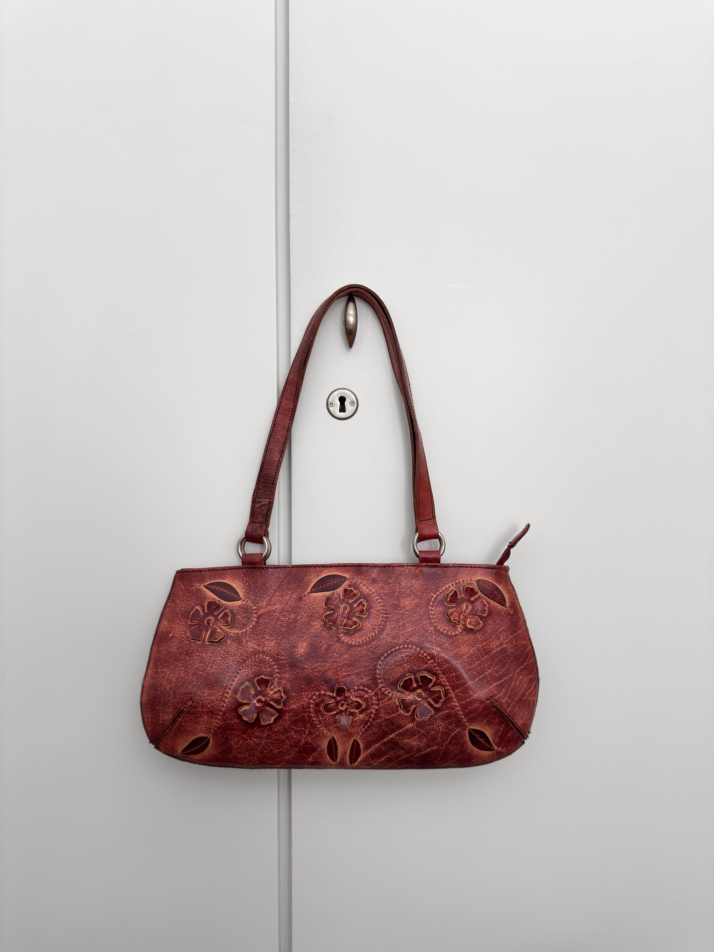 Leather Floral Baguette Bag