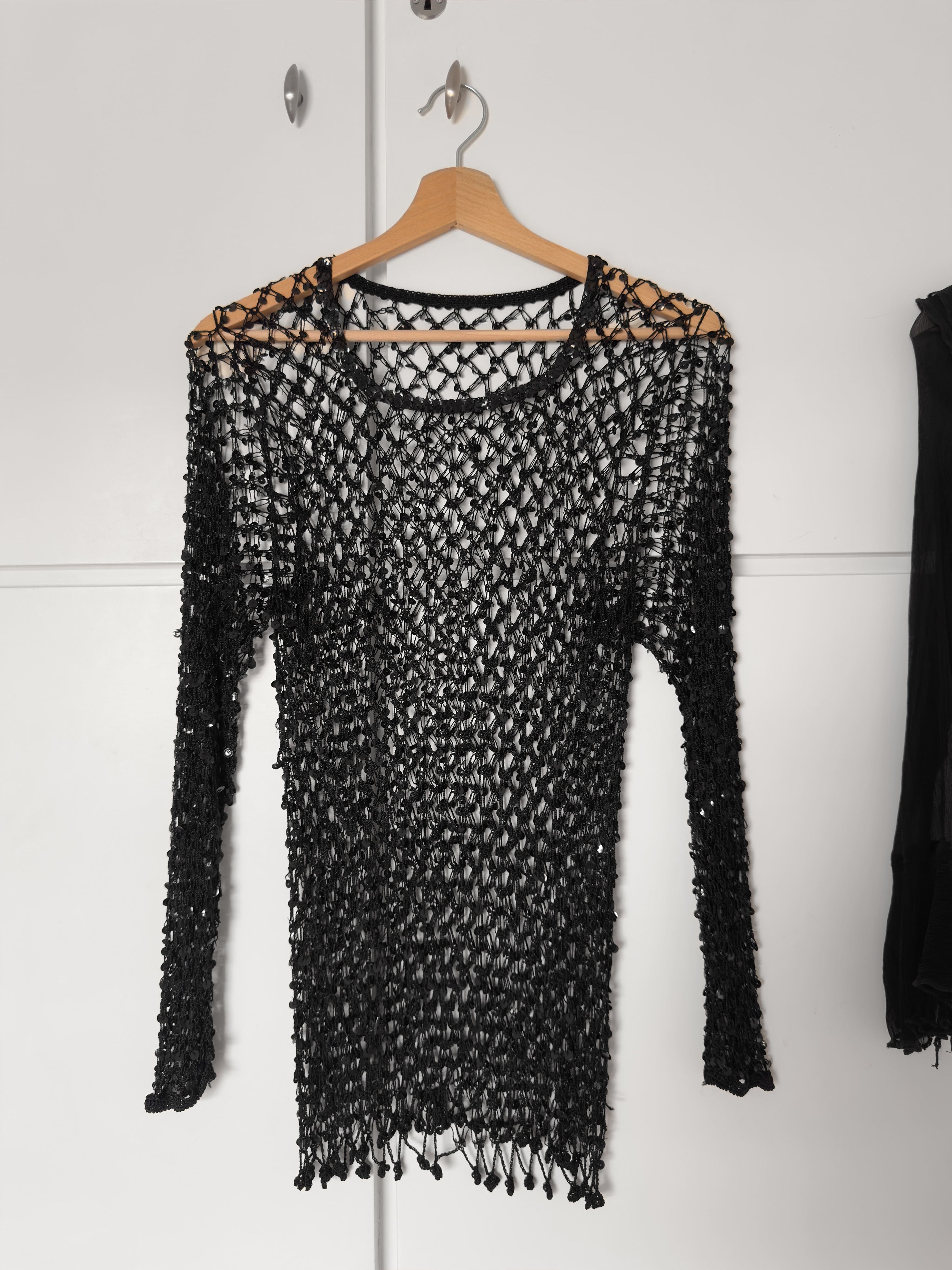 Black Open-Knit Sequin Top