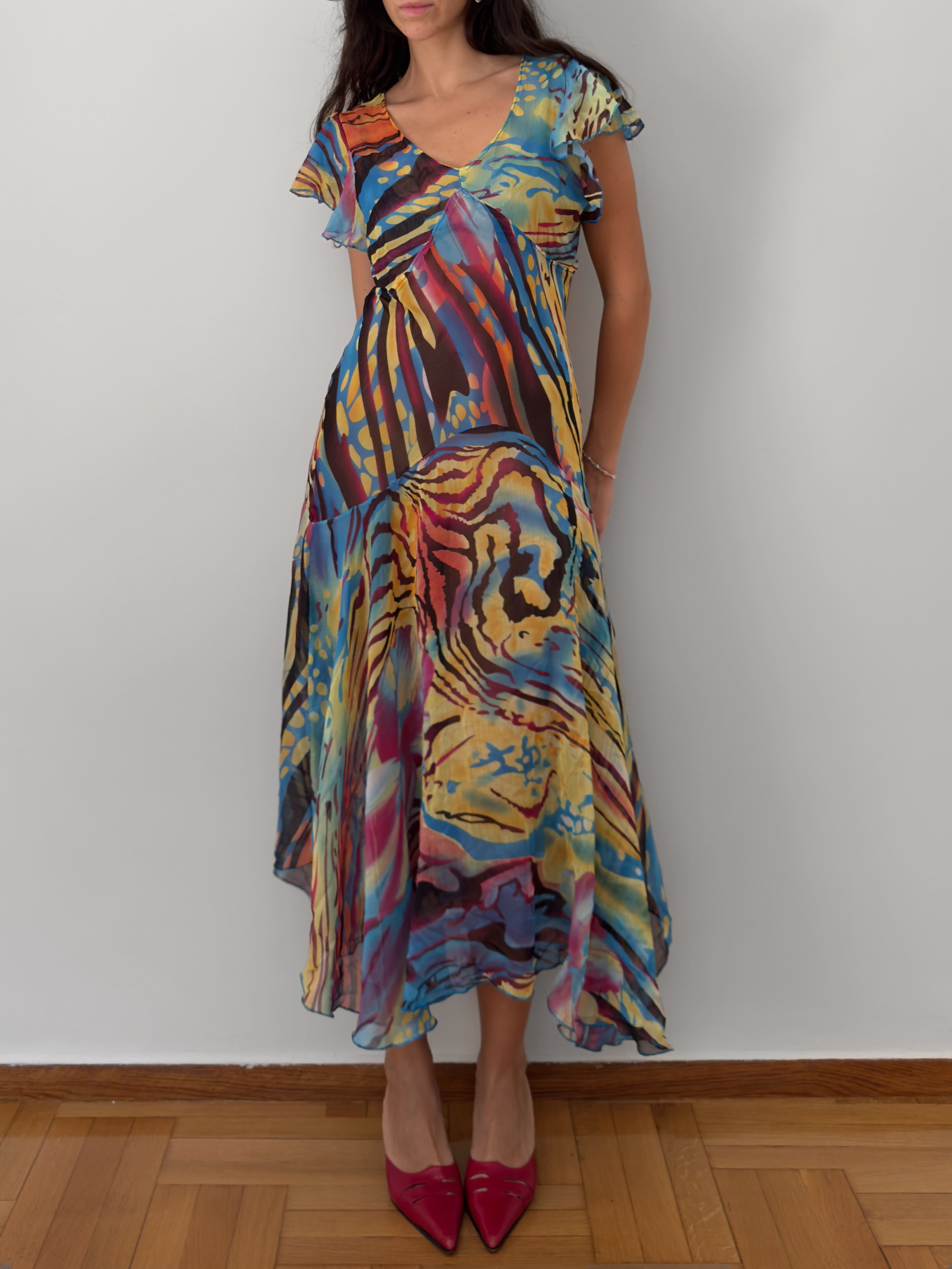 Abstract Print Sheer Midi Dress