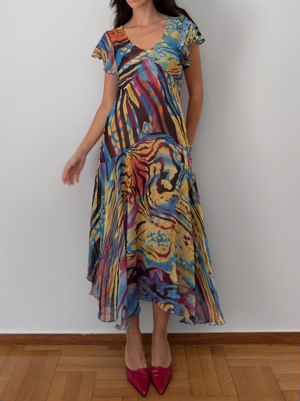 Abstract Print Sheer Midi Dress