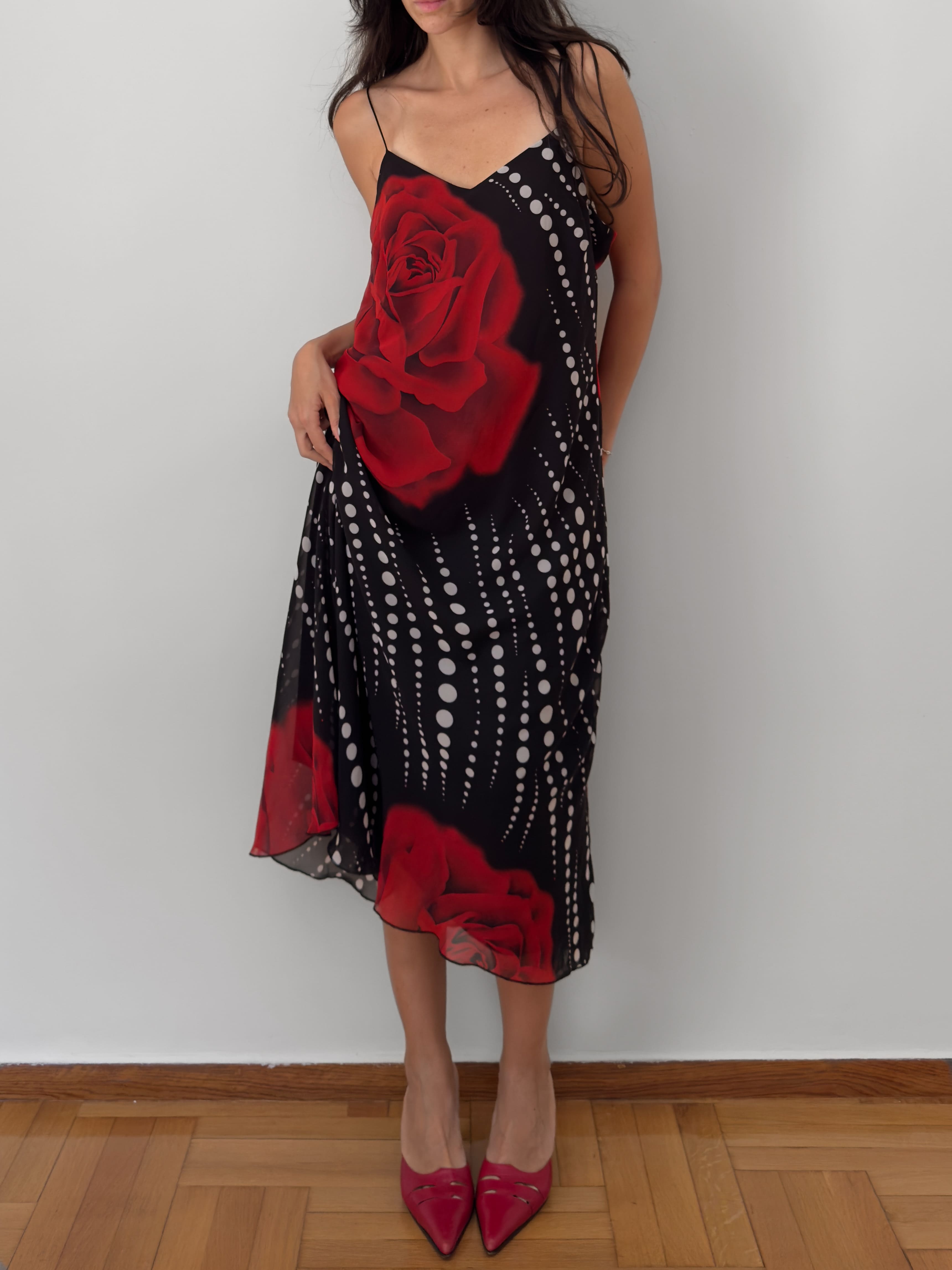 Rose Print Polka Dot Slip Dress
