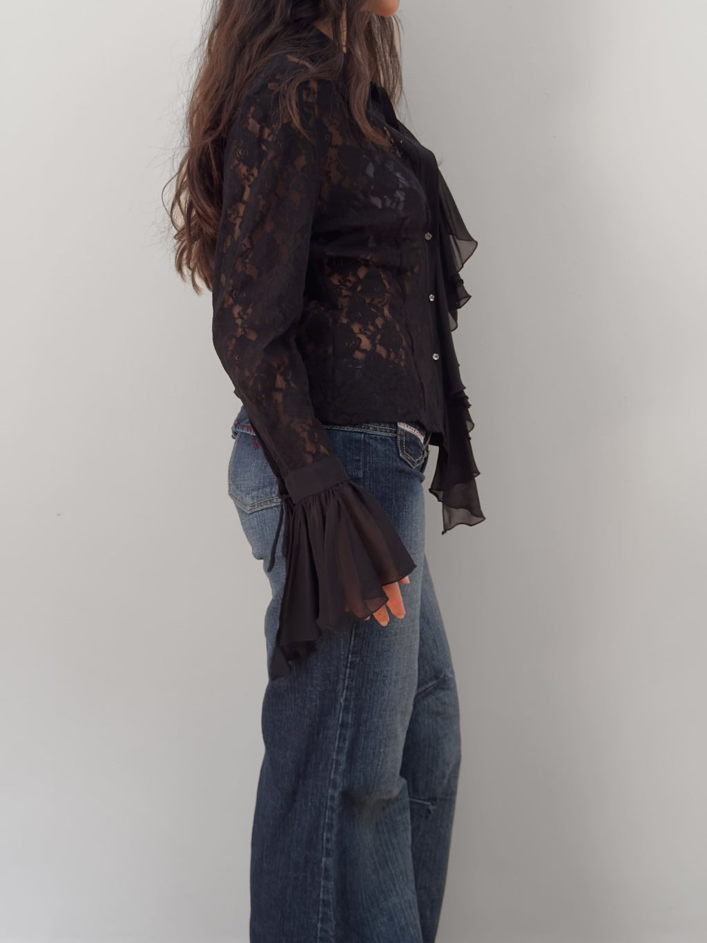 Black Lace Ruffle Blouse