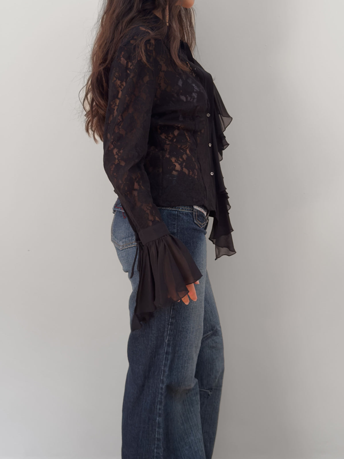 Black Lace Ruffle Blouse