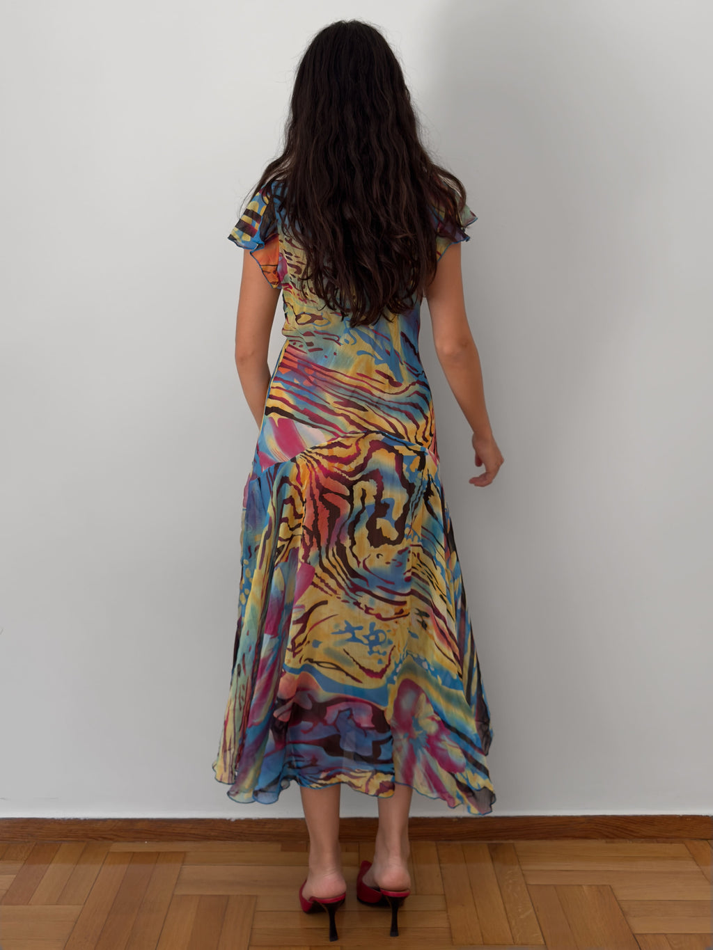 Abstract Print Sheer Midi Dress