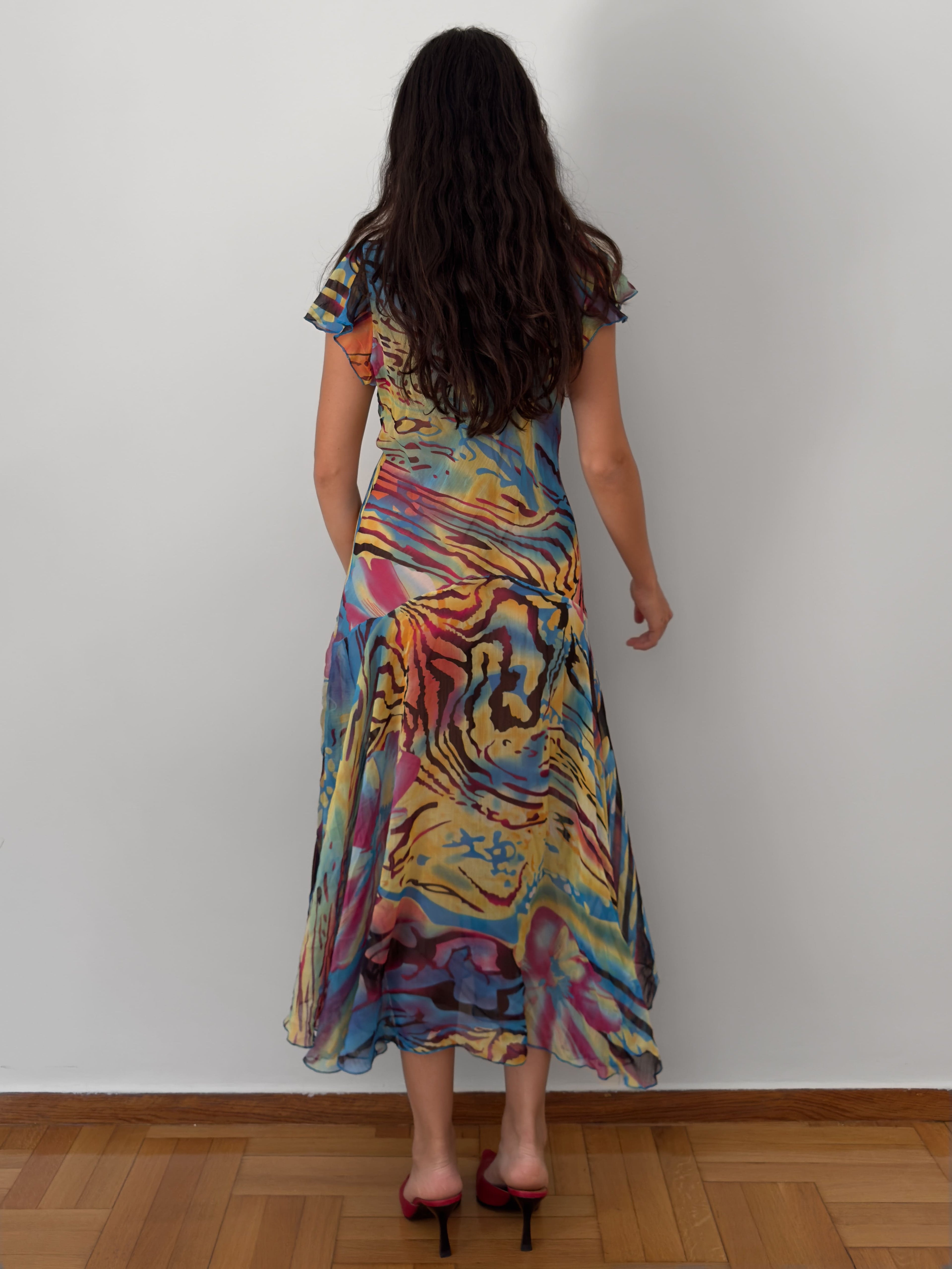 Abstract Print Sheer Midi Dress