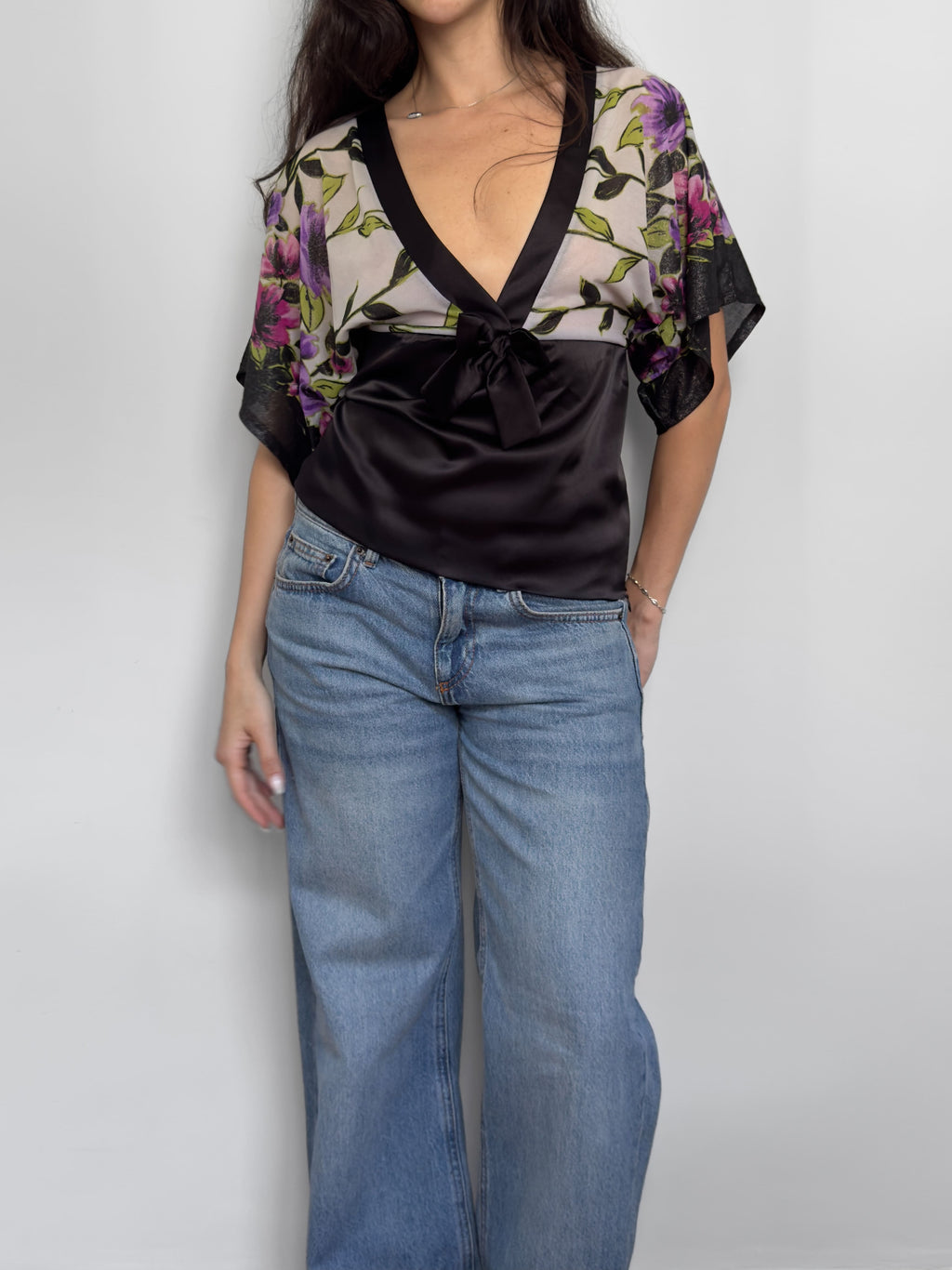 Floral Satin Kimono Sleeve Top