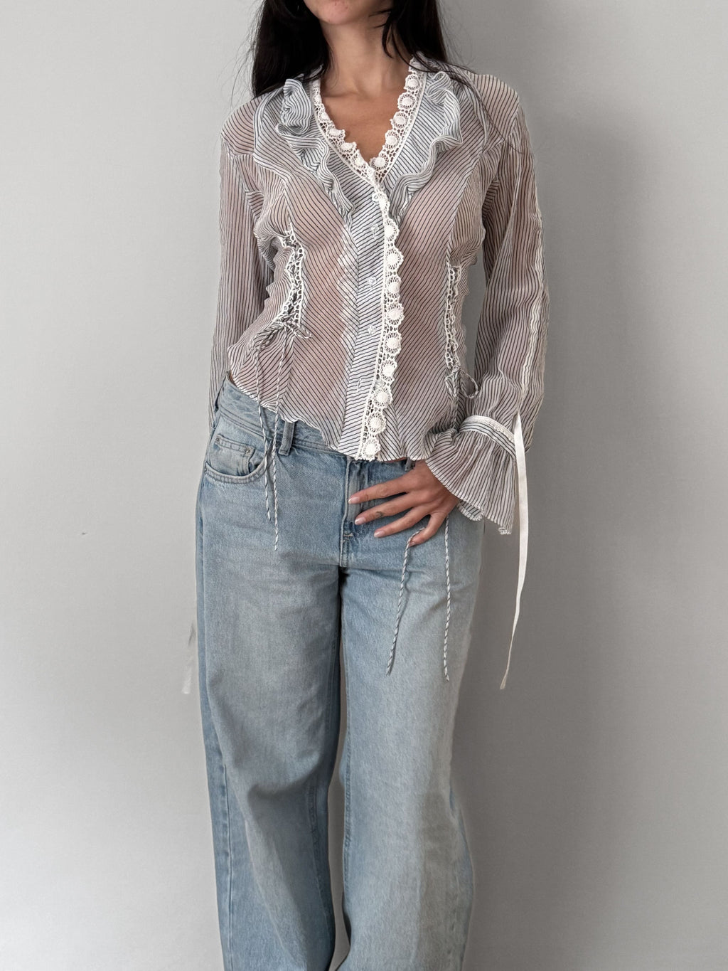 Sheer Striped Ruffle Shirt