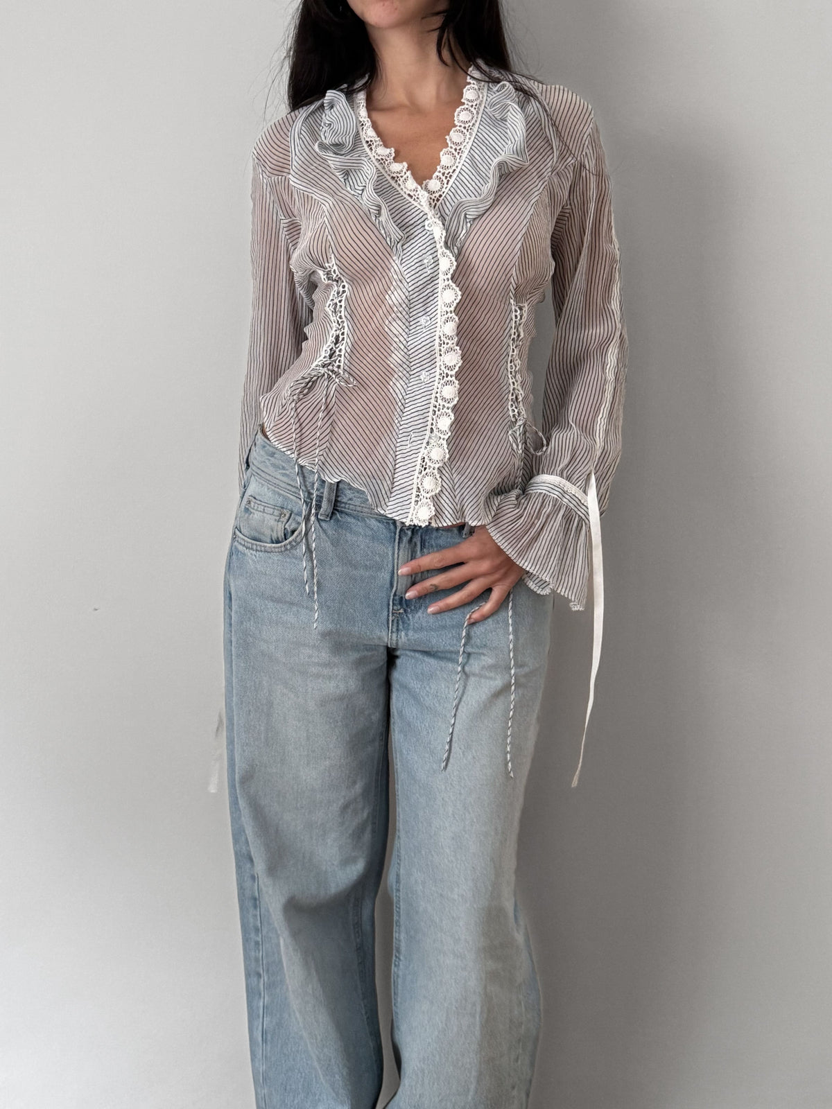 Sheer Striped Ruffle Shirt