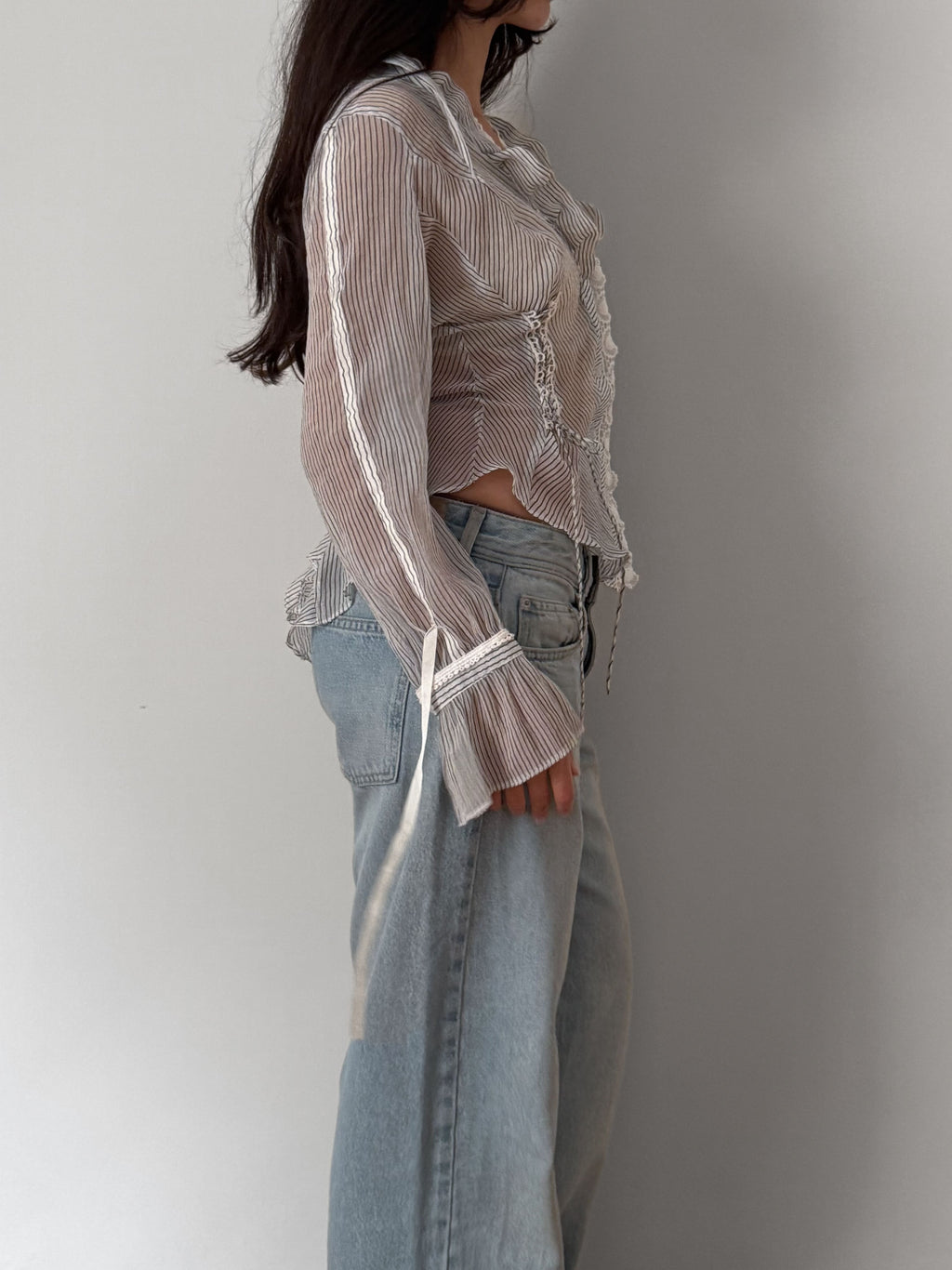 Sheer Striped Ruffle Shirt