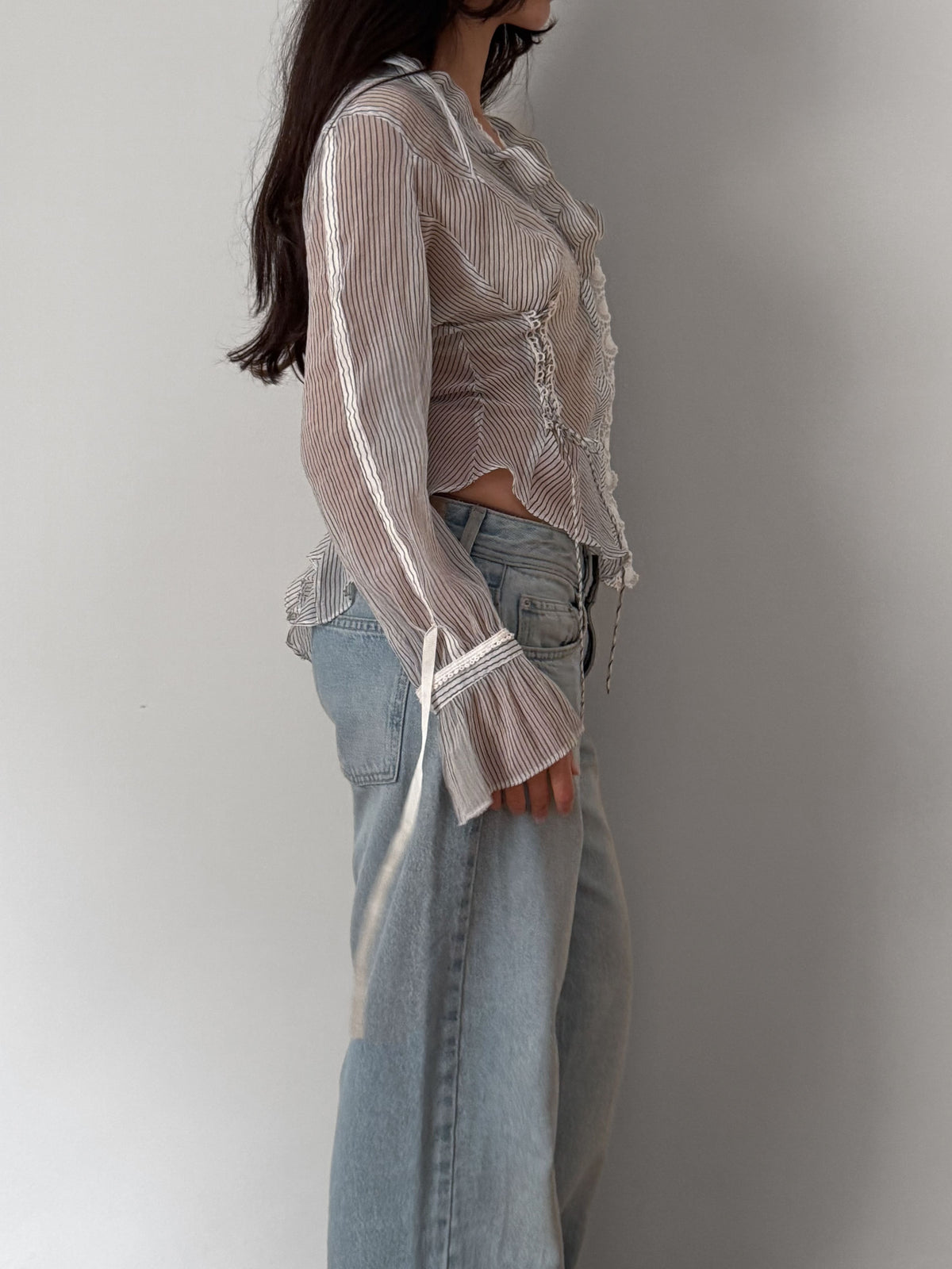Sheer Striped Ruffle Shirt