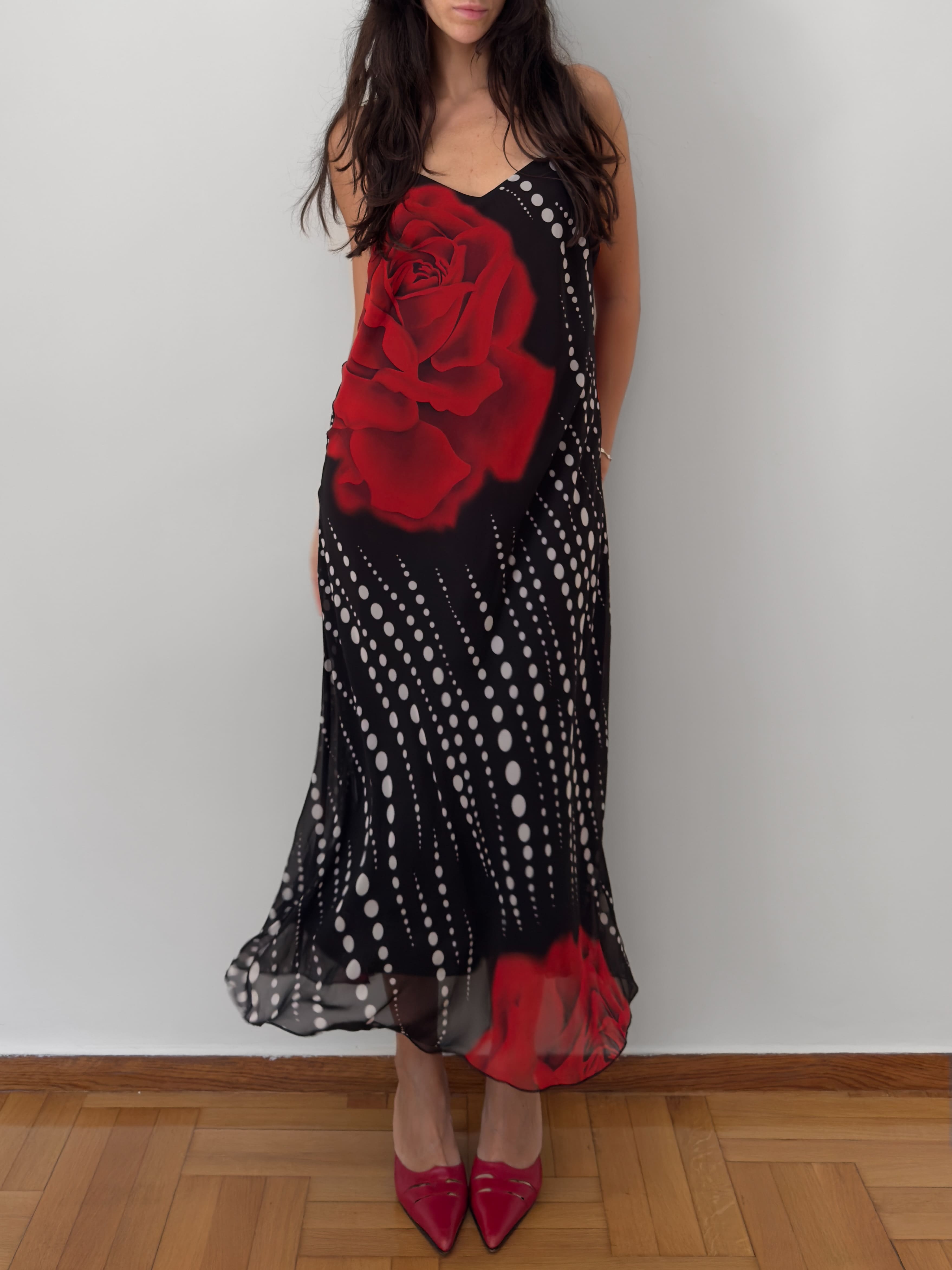 Rose Print Polka Dot Slip Dress