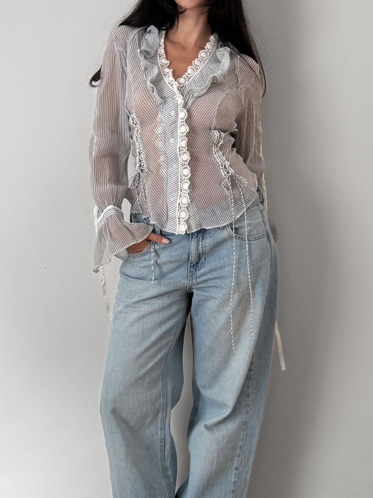 Sheer Striped Ruffle Shirt