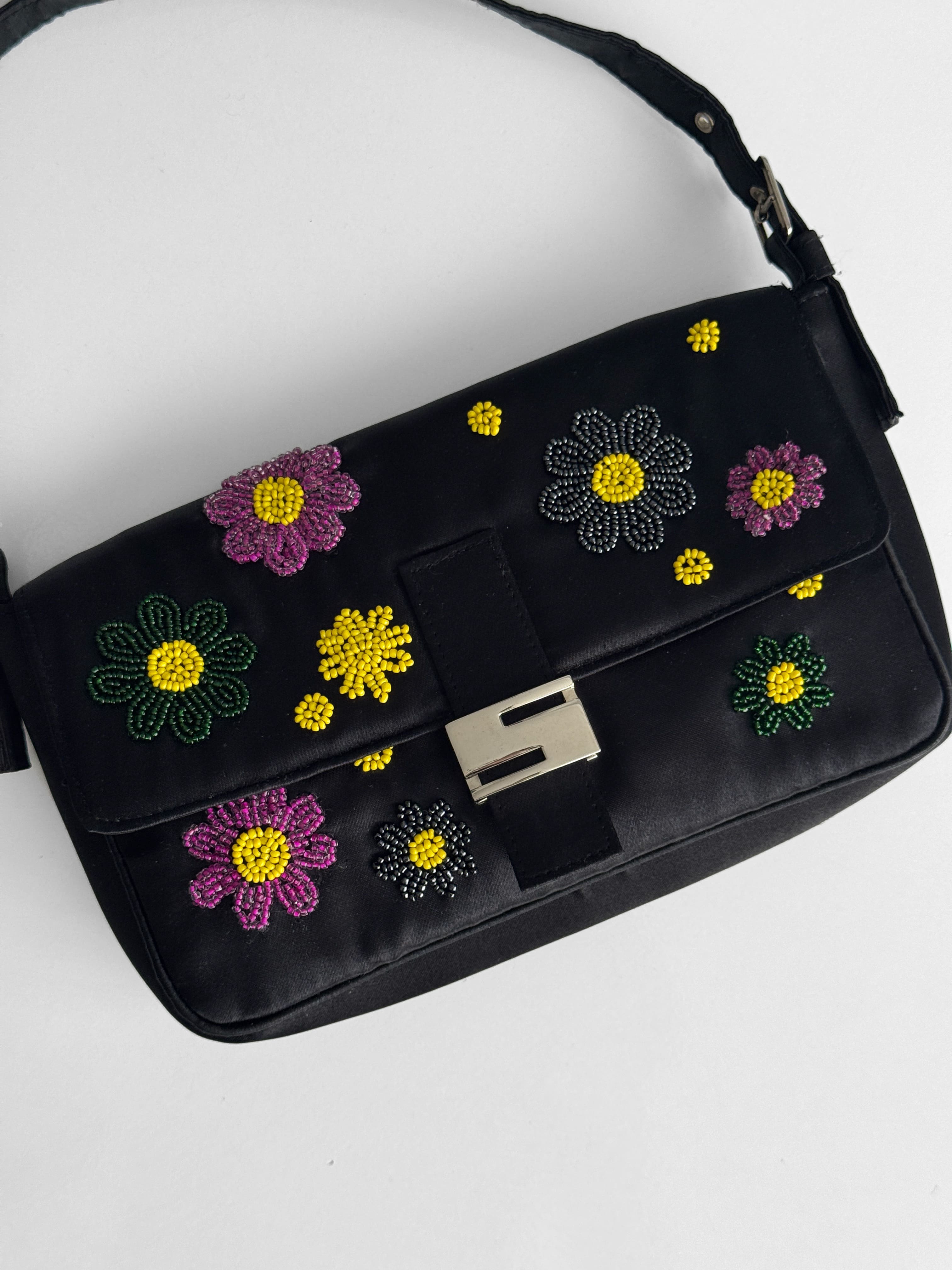 Embroidered Satin Shoulder Bag