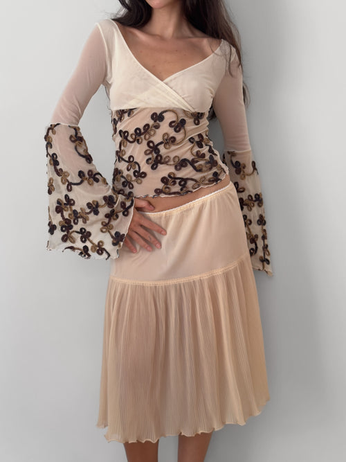 Embroidered Mesh Wrap Blouse
