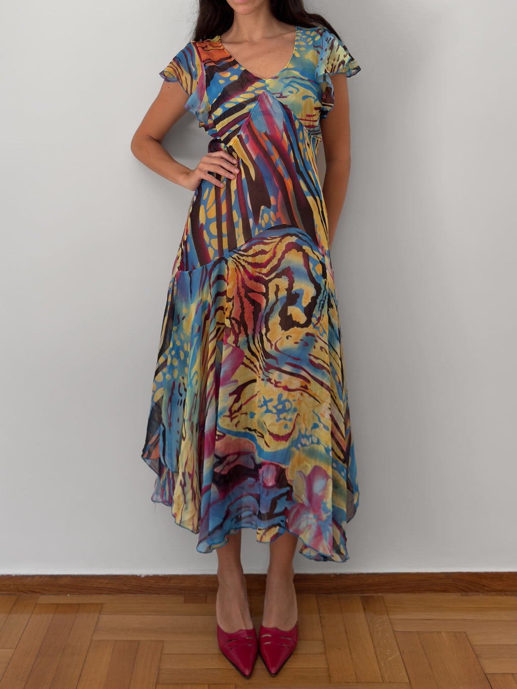 Abstract Print Sheer Midi Dress