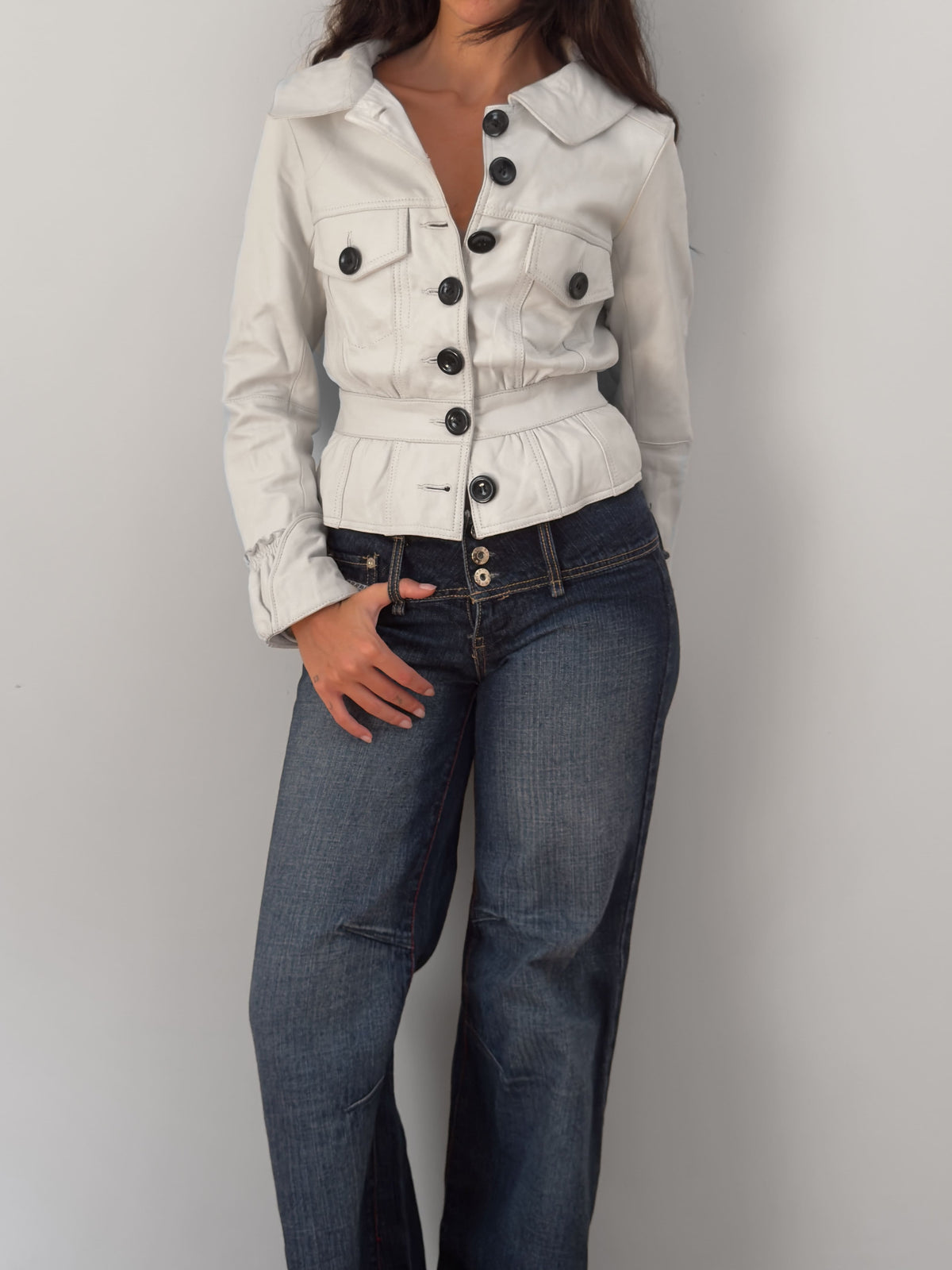 White Buttoned Leather Jacket