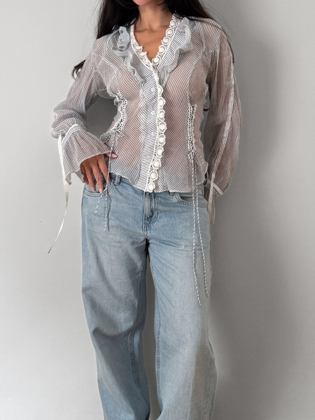 Sheer Striped Ruffle Shirt