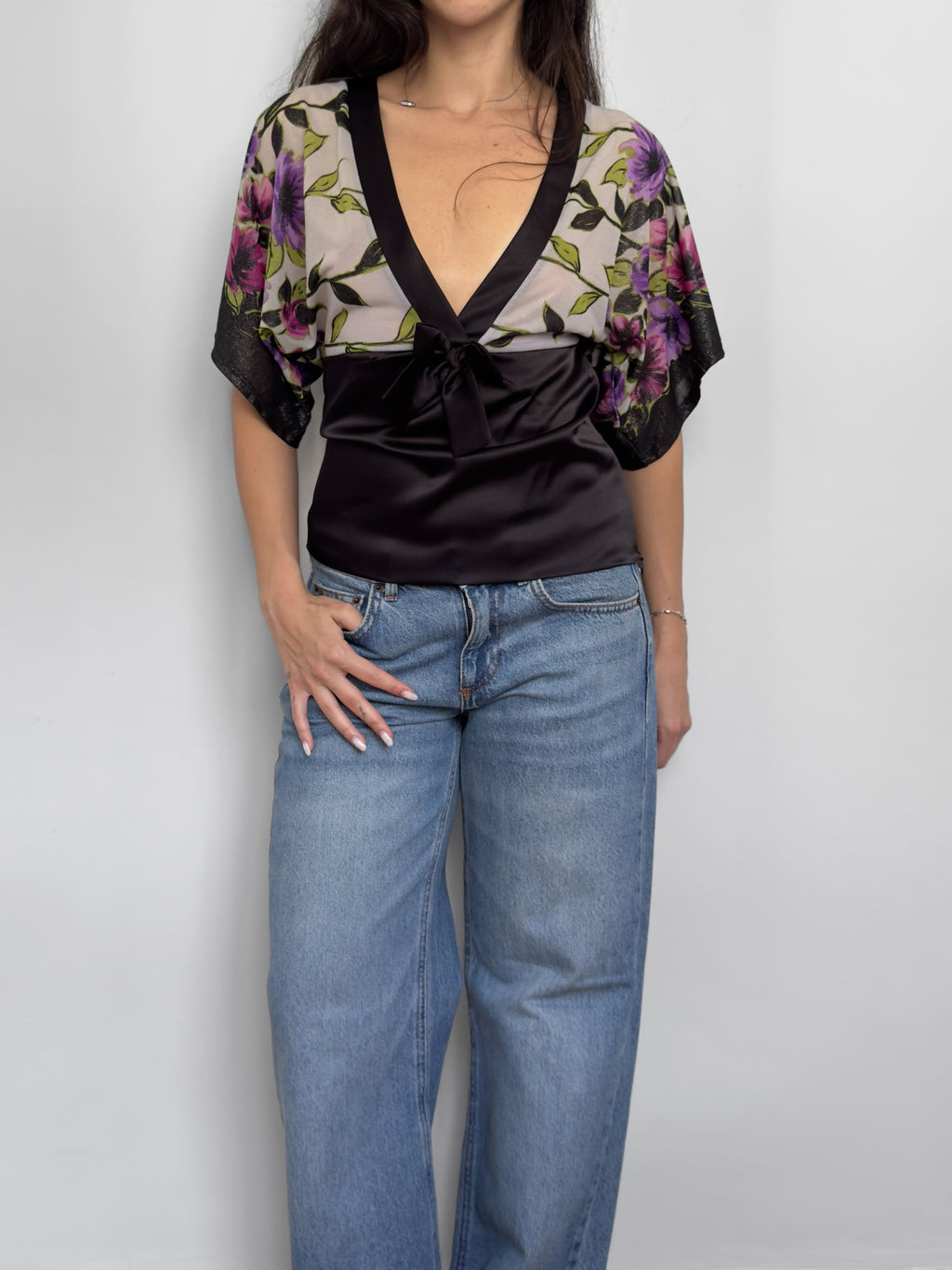 Floral Satin Kimono Sleeve Top