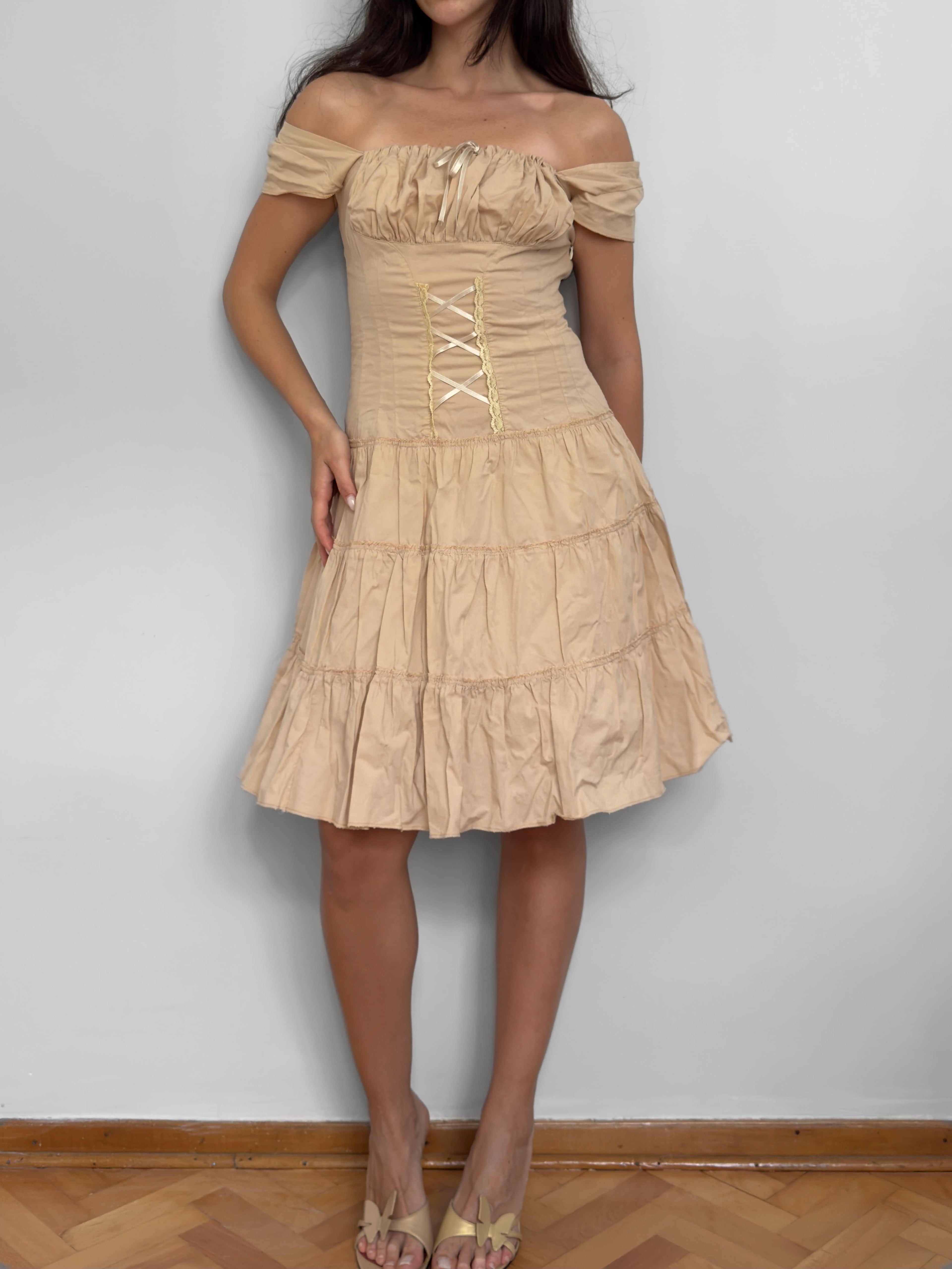 Beige Lace-up Dress