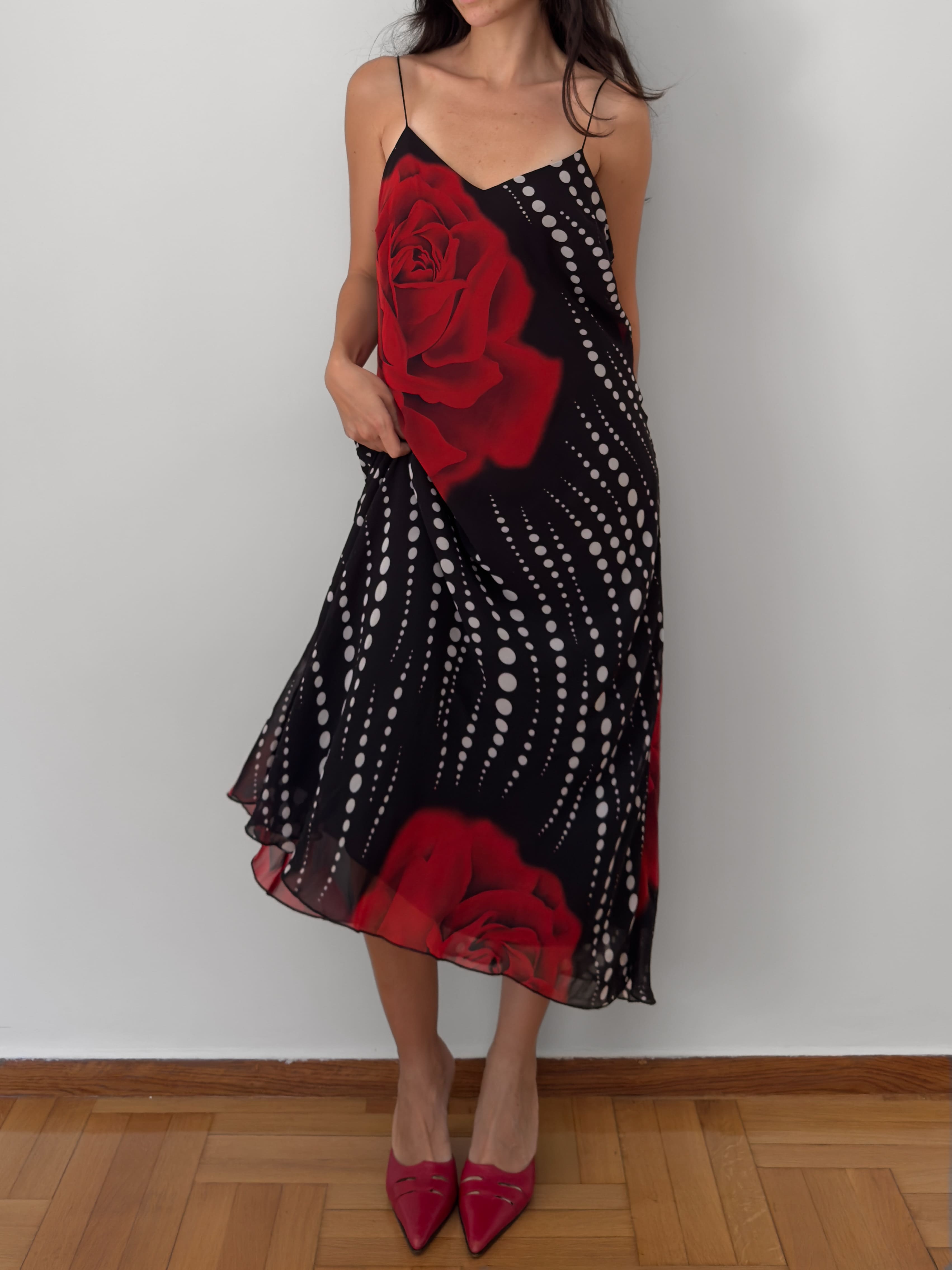 Rose Print Polka Dot Slip Dress
