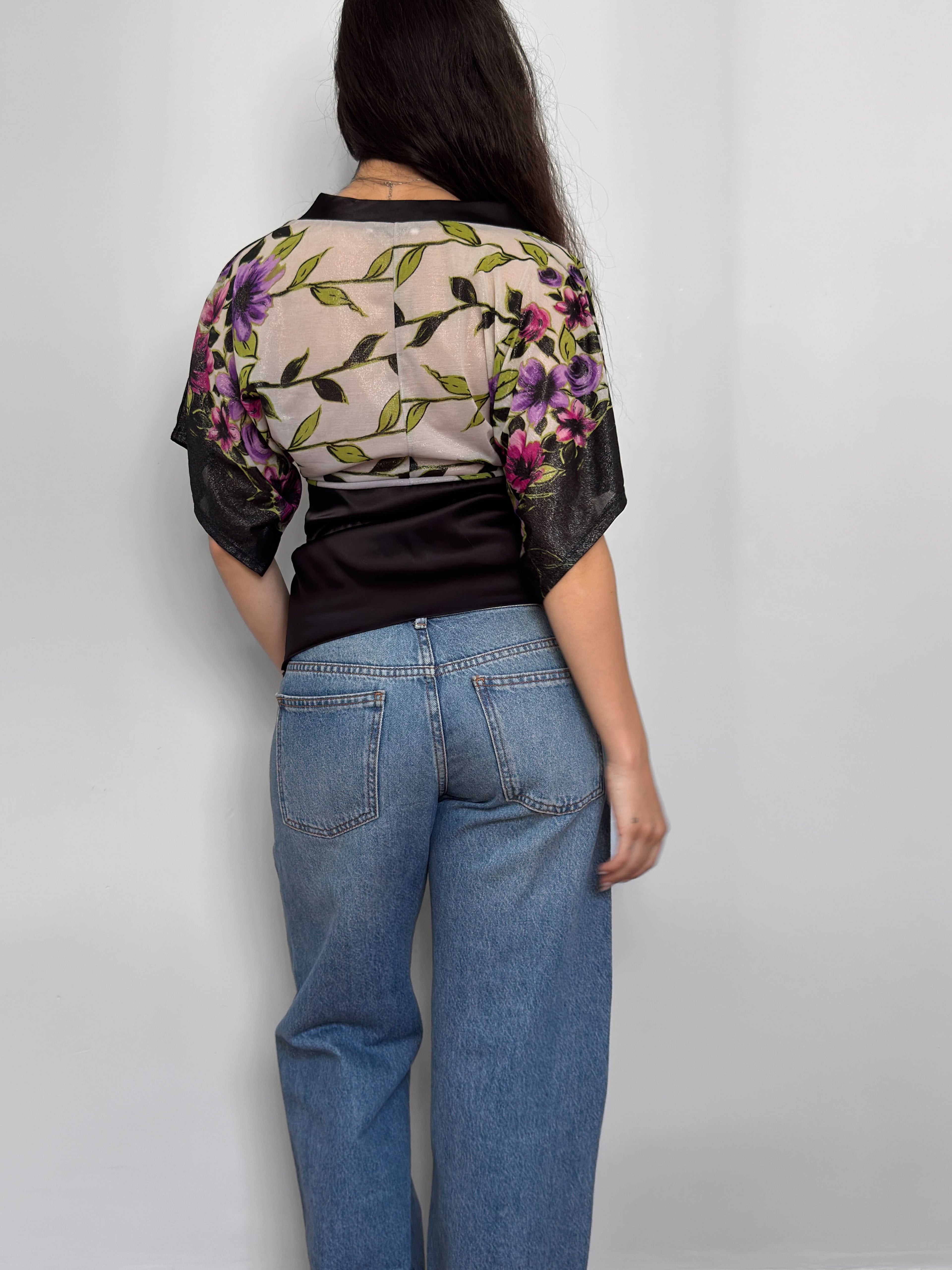 Floral Satin Kimono Sleeve Top