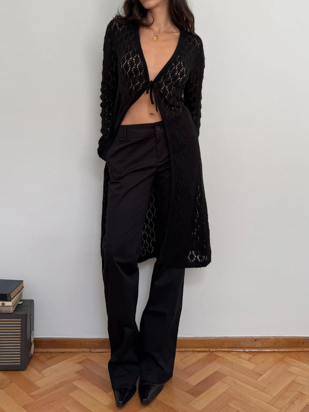Black Pointelle Mohair Cardigan