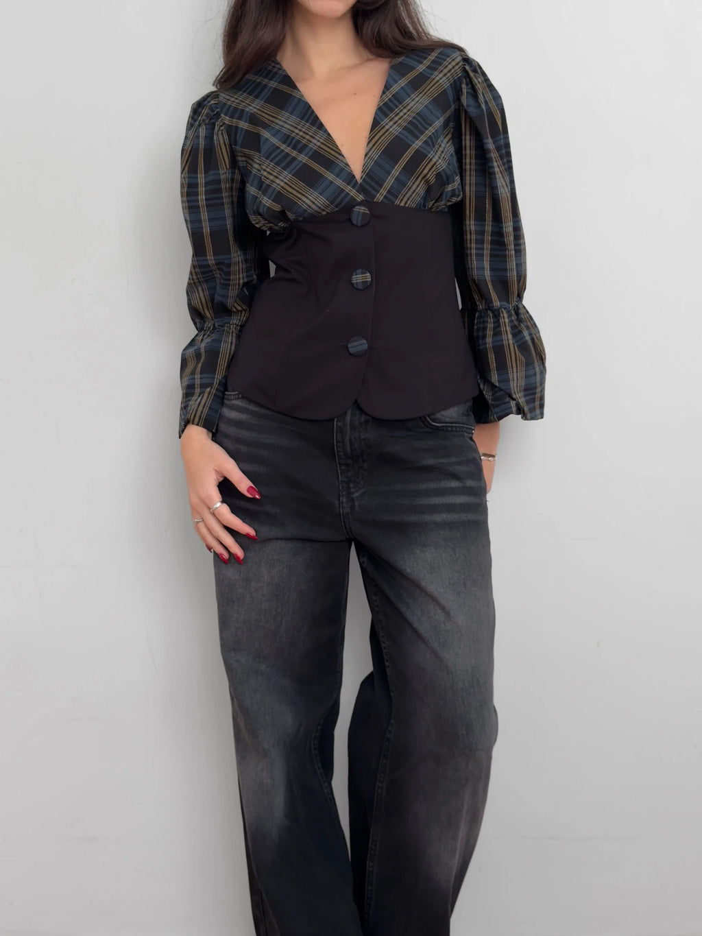 Plaid Balloon Sleeve Shirt