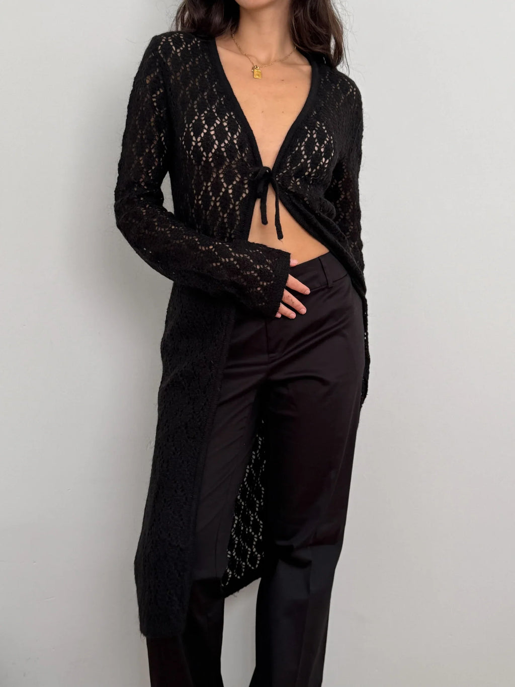 Black Pointelle Mohair Cardigan