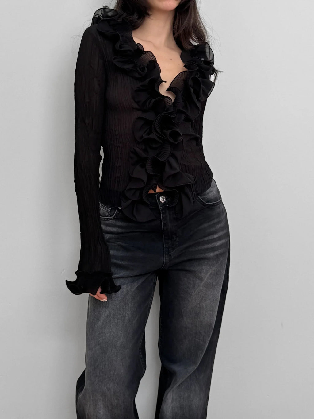 Black Ruffled Tulle Shirt