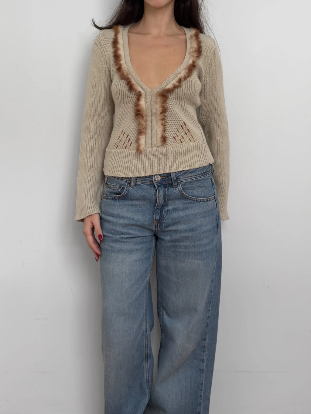 Feather-Detailed Beige Sweater