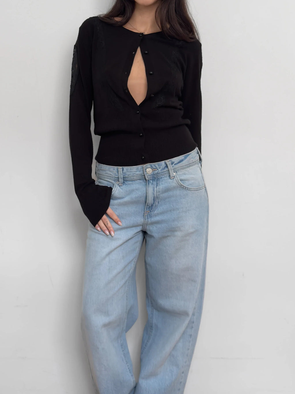 Lace-Detailed Black Cardigan