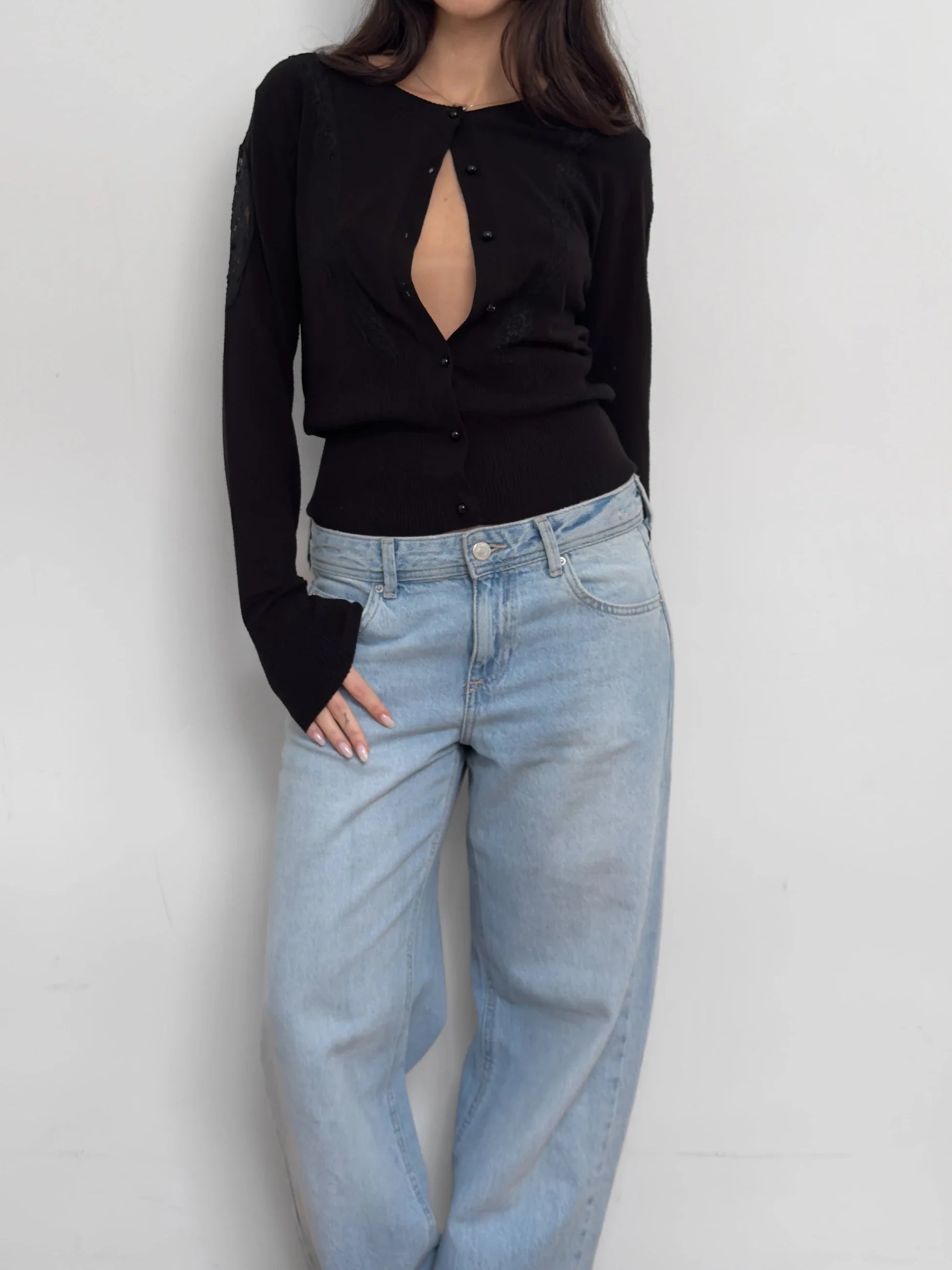 Lace-Detailed Black Cardigan