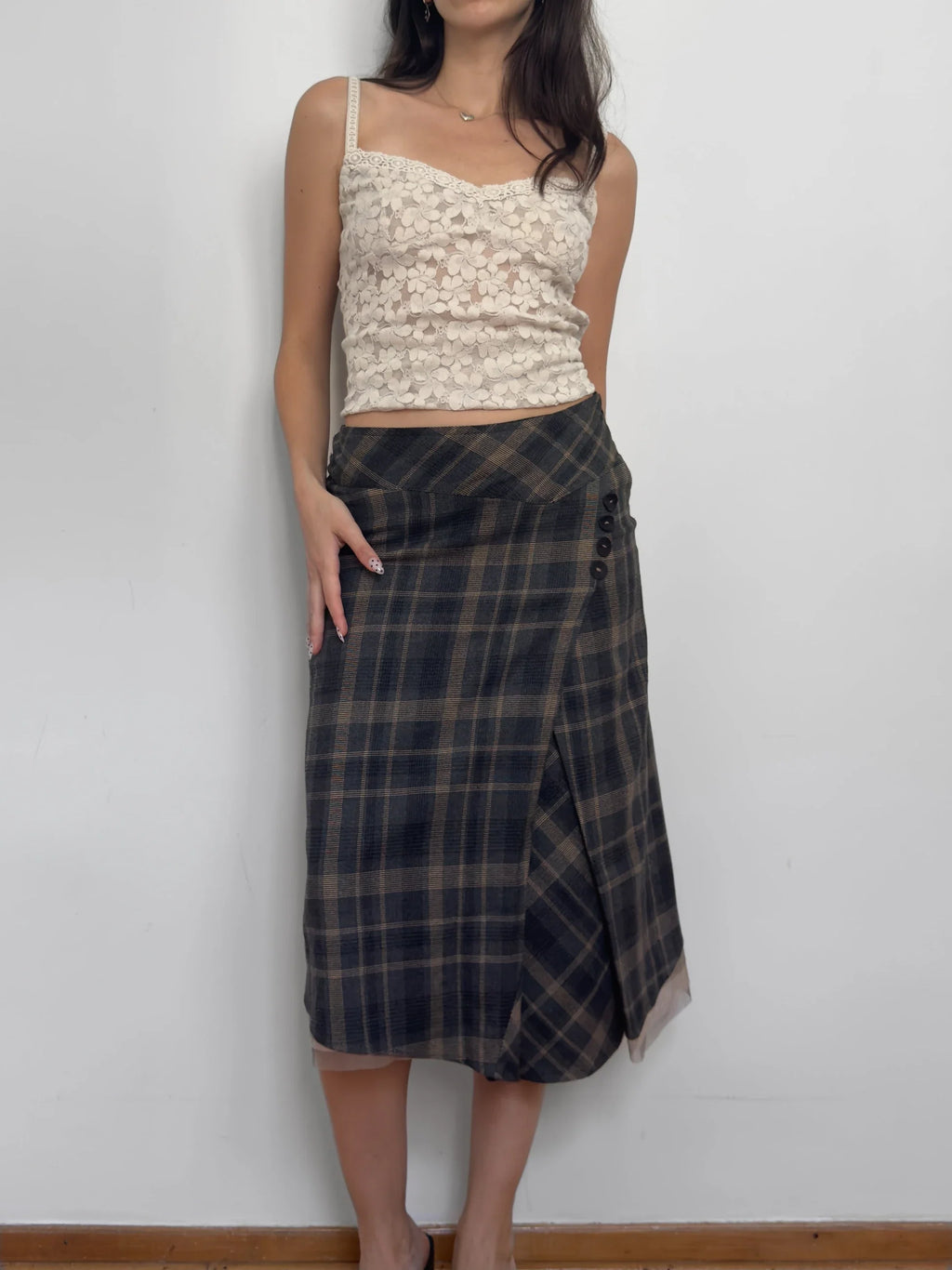 Tulle-Detailed Checked Skirt