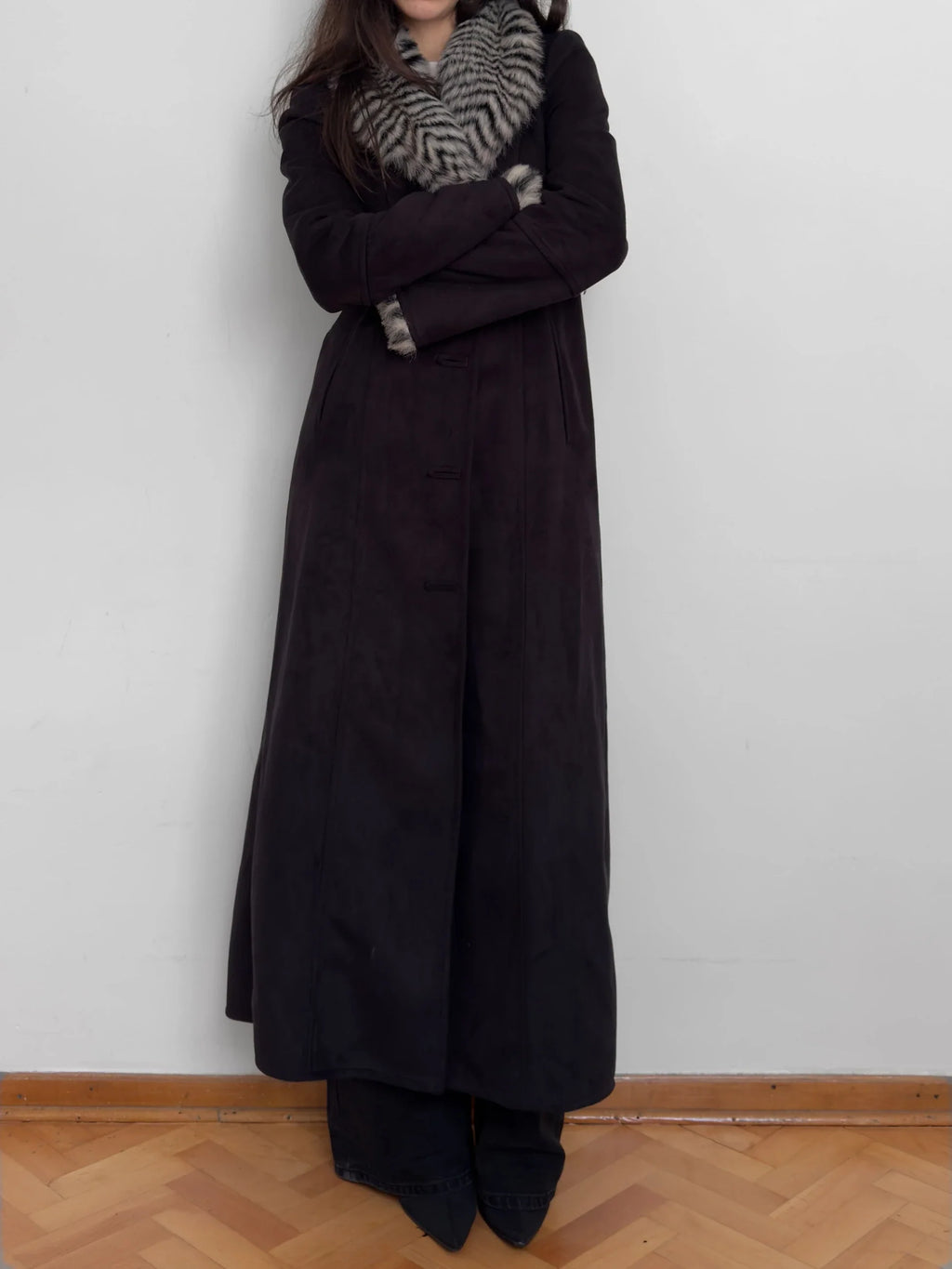 Collar-Detailed Suede Coat