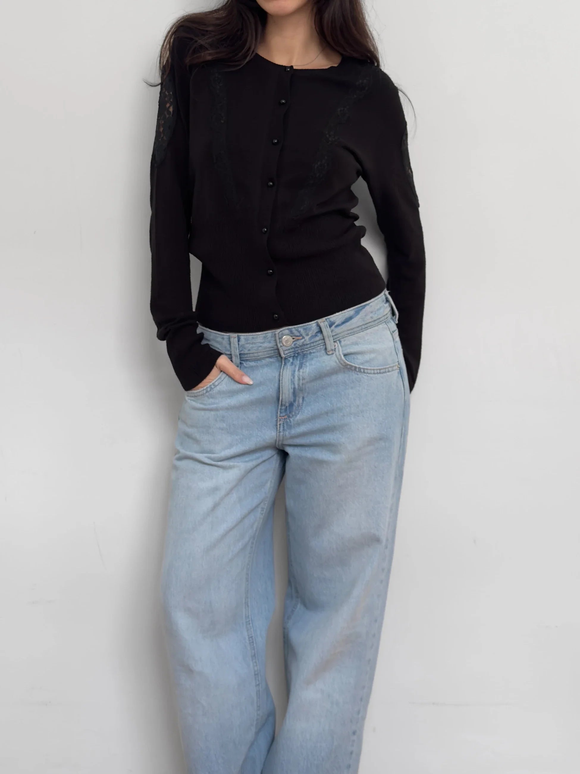 Lace-Detailed Black Cardigan