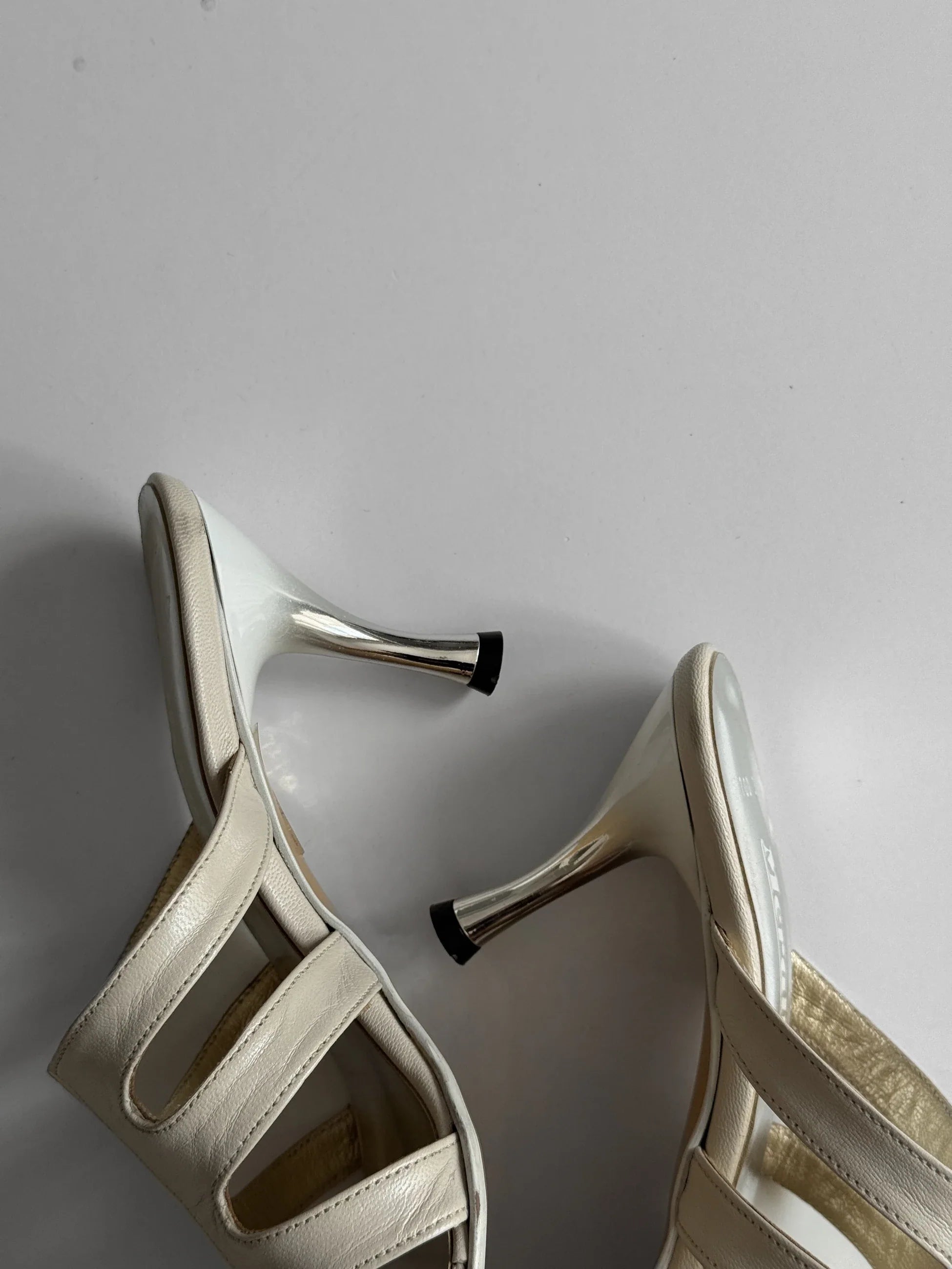 Ecru Leather Heeled Mules