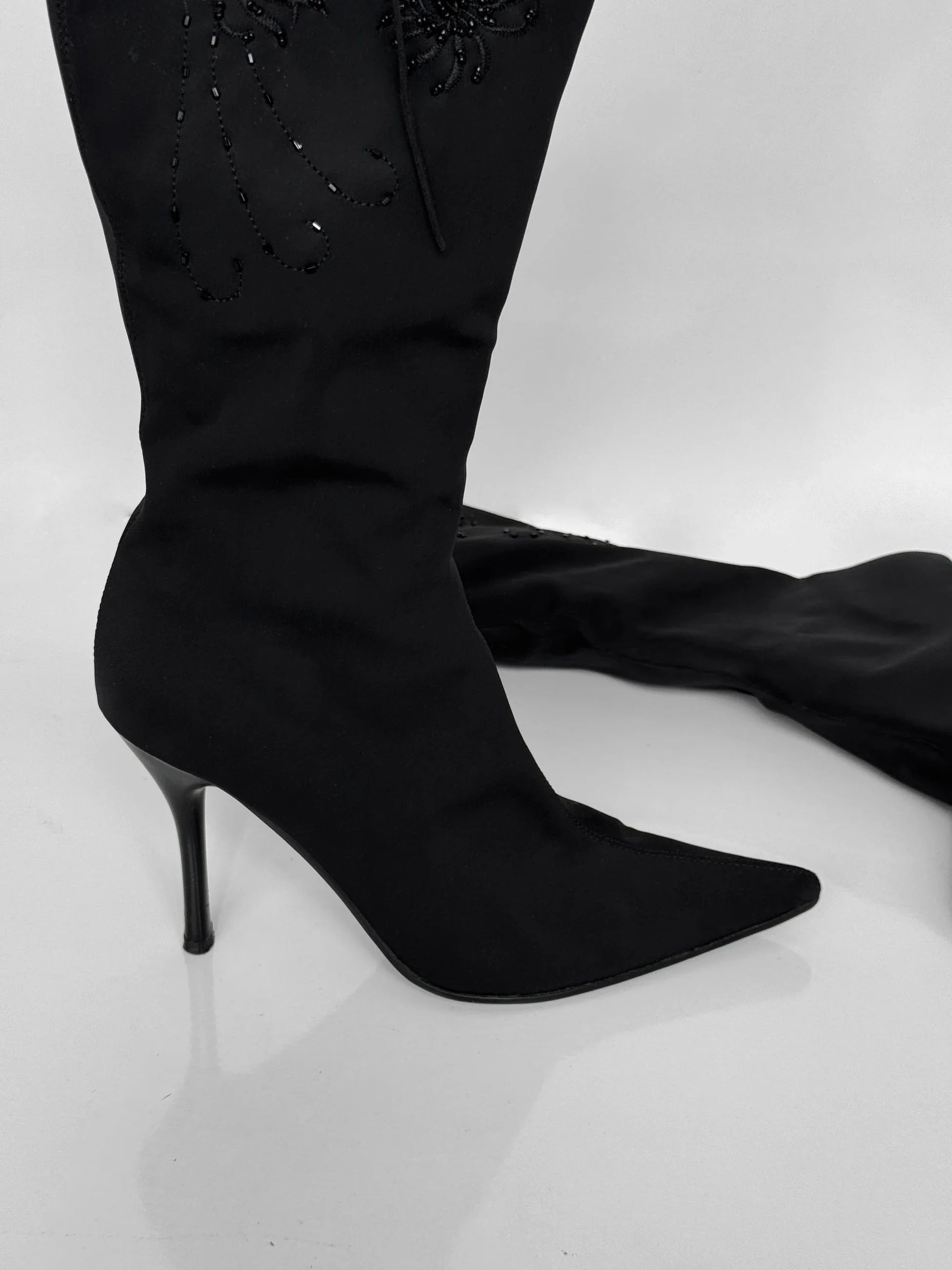 Bead-Embroidered Black Boots