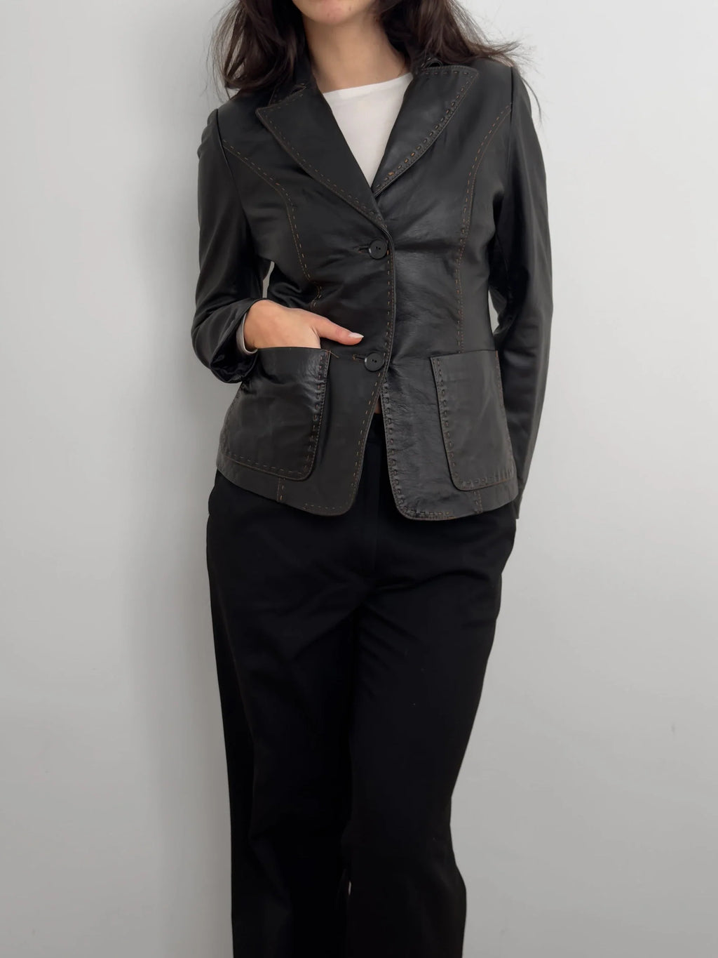 Contrast-Stitched Leather Jacket