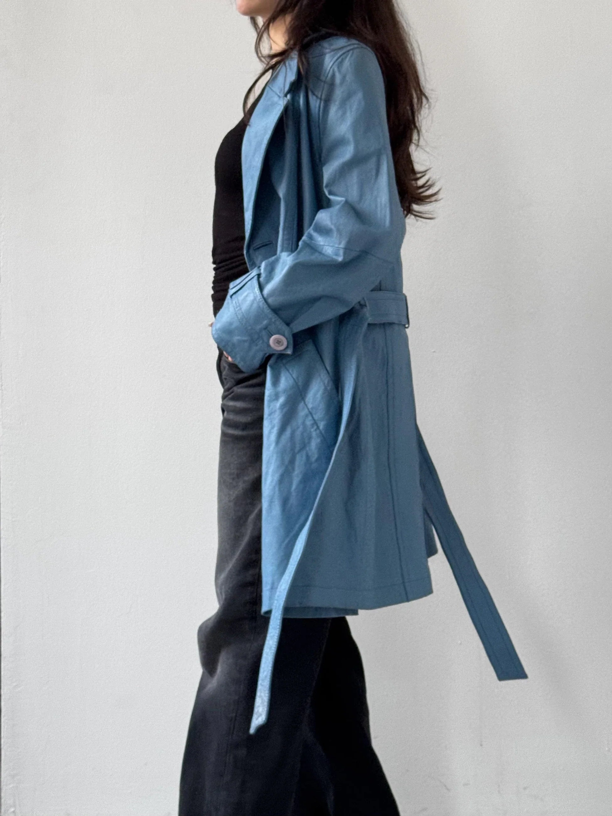 Blue Leather Trench Coat