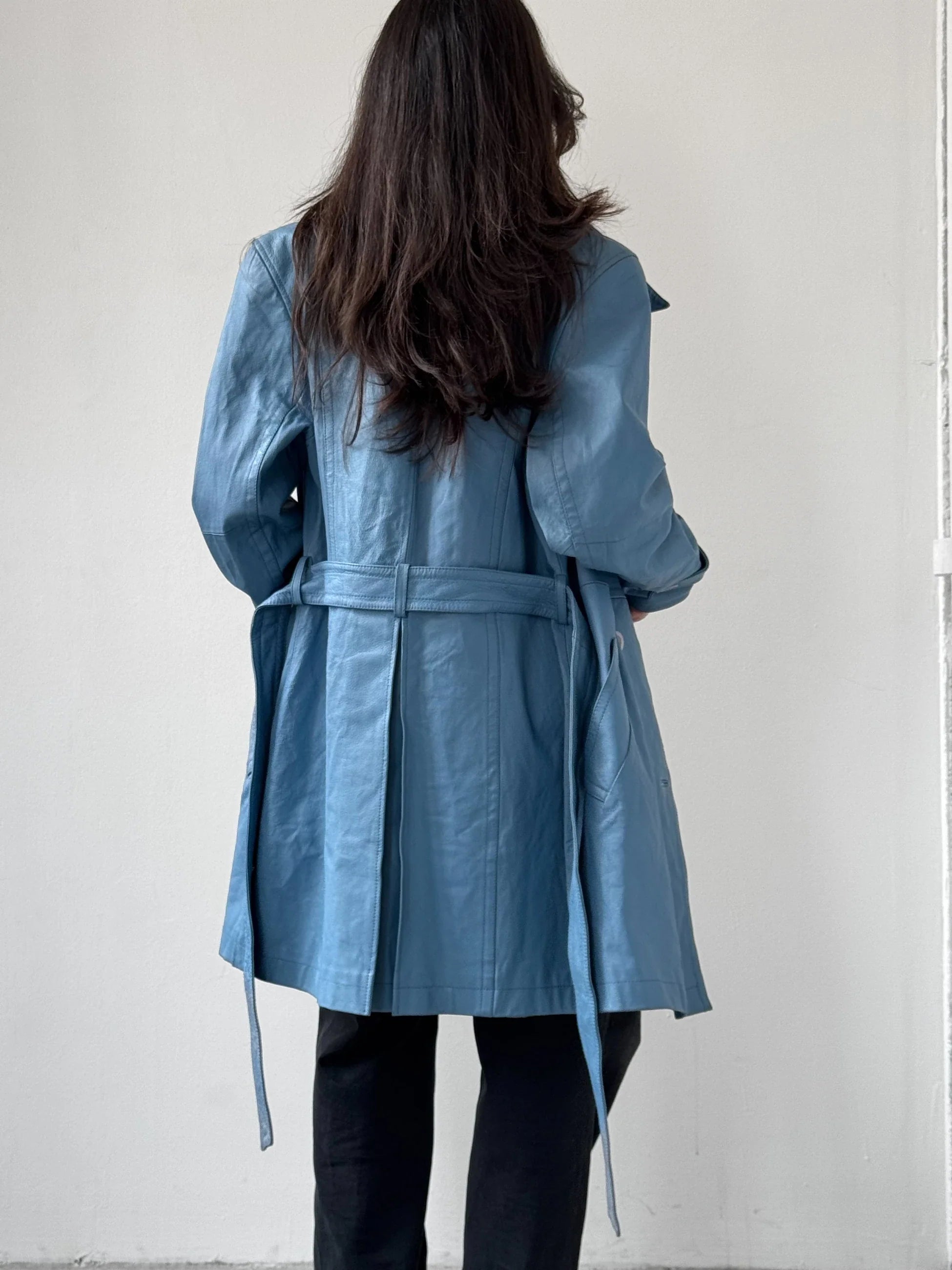 Blue Leather Trench Coat